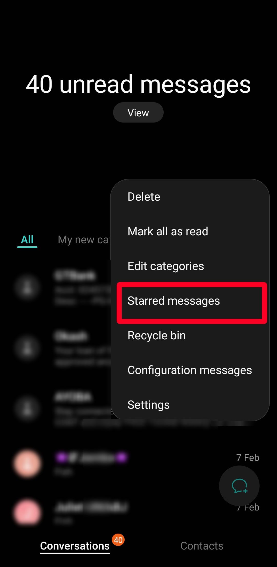 Menu pesan berbintang di aplikasi Samsung Messages