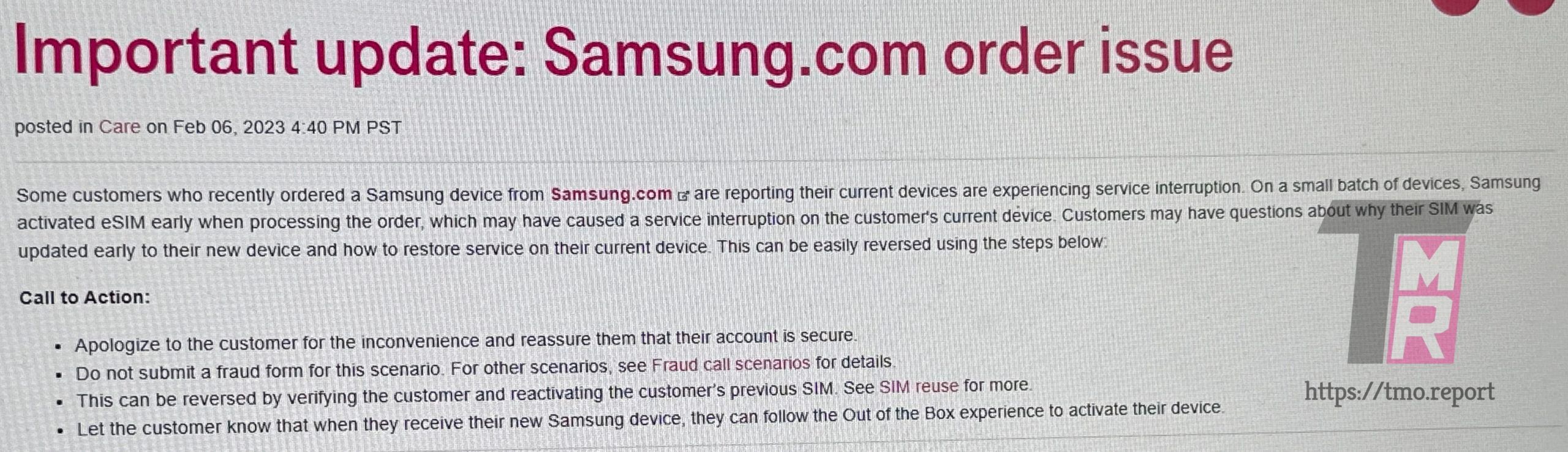 T-Mobile and Samsung service disruption internal document