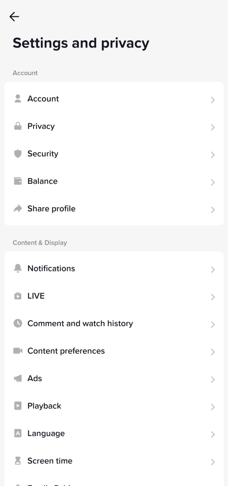Cuplikan layar menunjukkan halaman opsi Pengaturan dan Privasi di aplikasi TikTok.