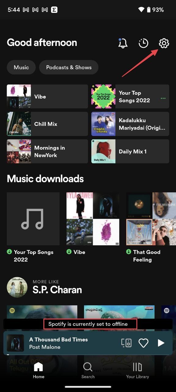 Spotify android app home page showing offline mode banner