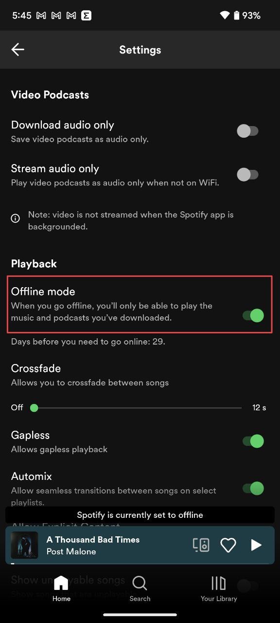 Spotify Android app settings page showing offline mode option