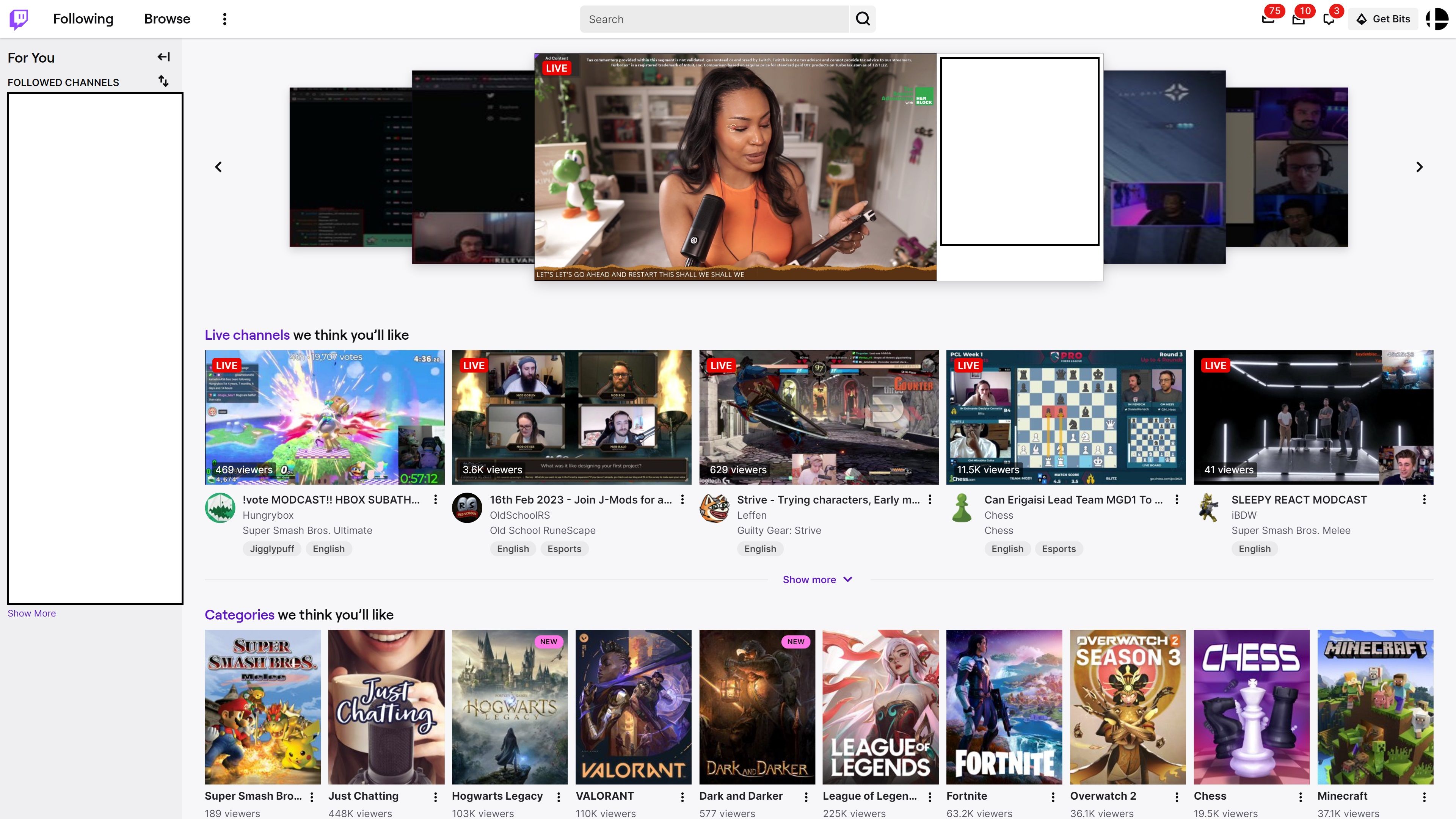 Cuplikan layar menunjukkan beranda Twitch.tv.