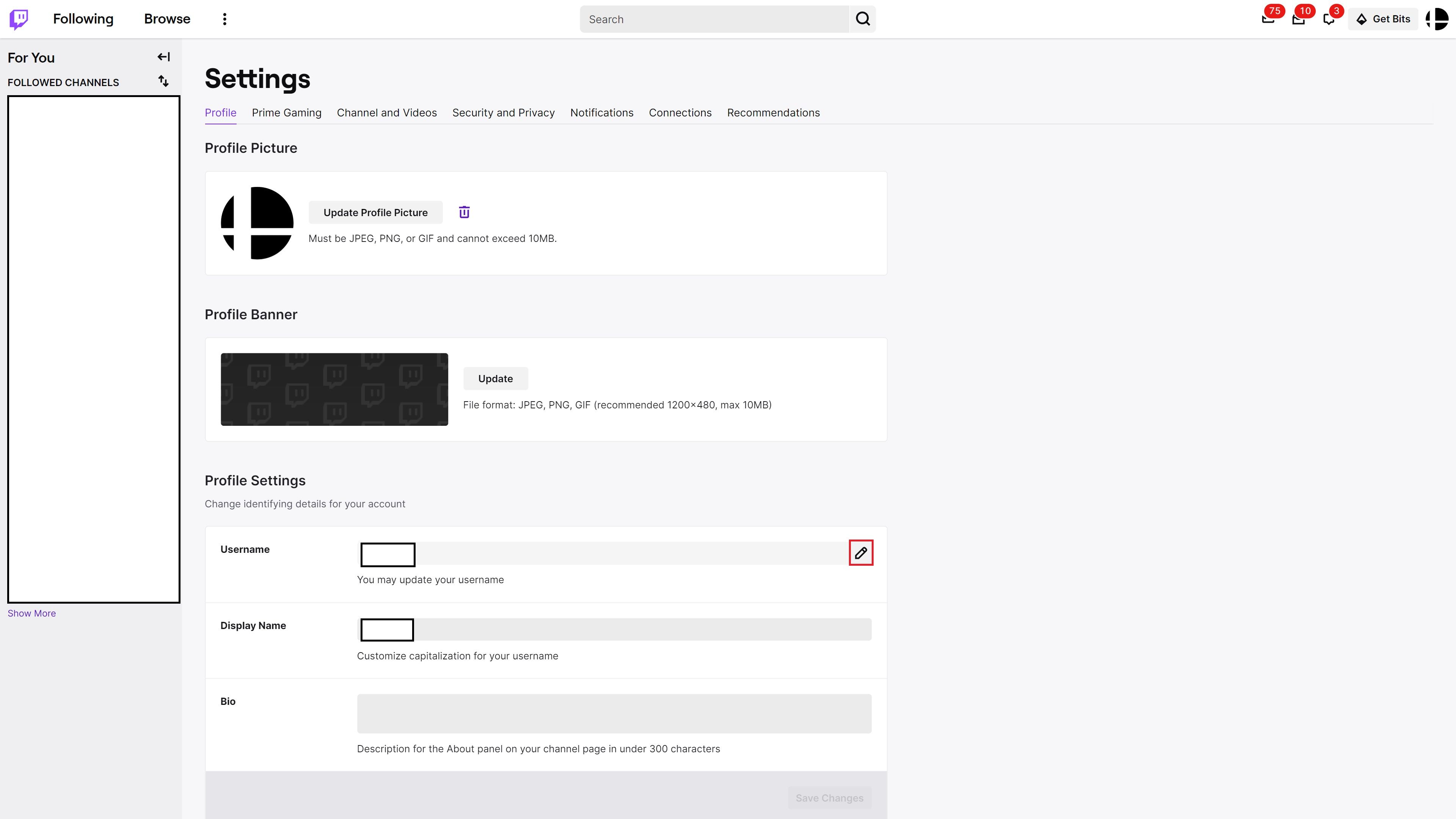 Cuplikan layar menampilkan halaman Pengaturan Profil untuk Twitch.  Kotak merah mengelilingi ikon pensil di sebelah bidang 'Nama Pengguna'.