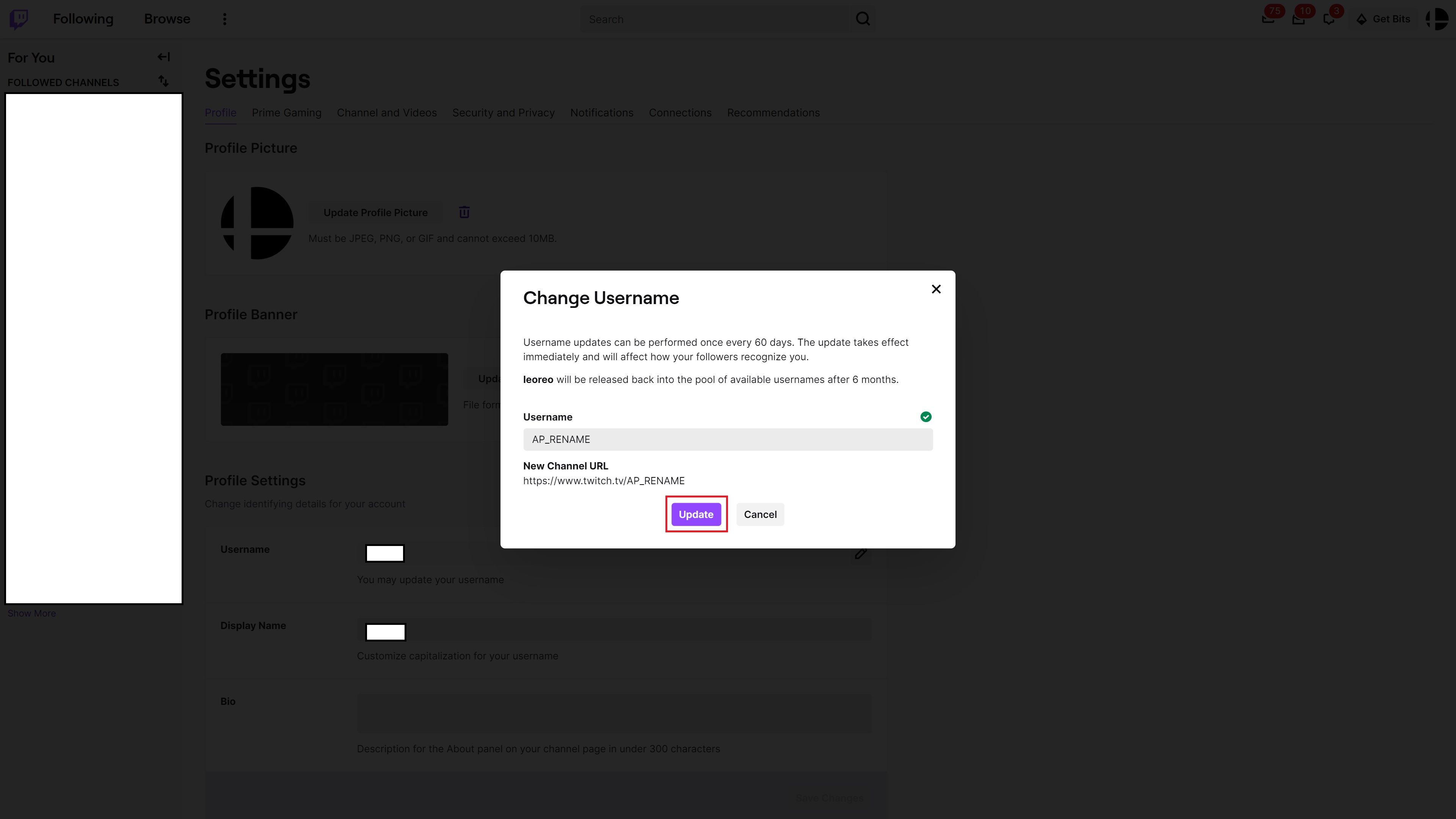 Cuplikan layar menunjukkan pop-up 'Ubah Nama Pengguna' di Twitch.  Nama pengguna baru bertuliskan 'AP_RENAME' dan kotak merah mengelilingi tombol 'Perbarui'.  Ada juga tombol 'Batal'.