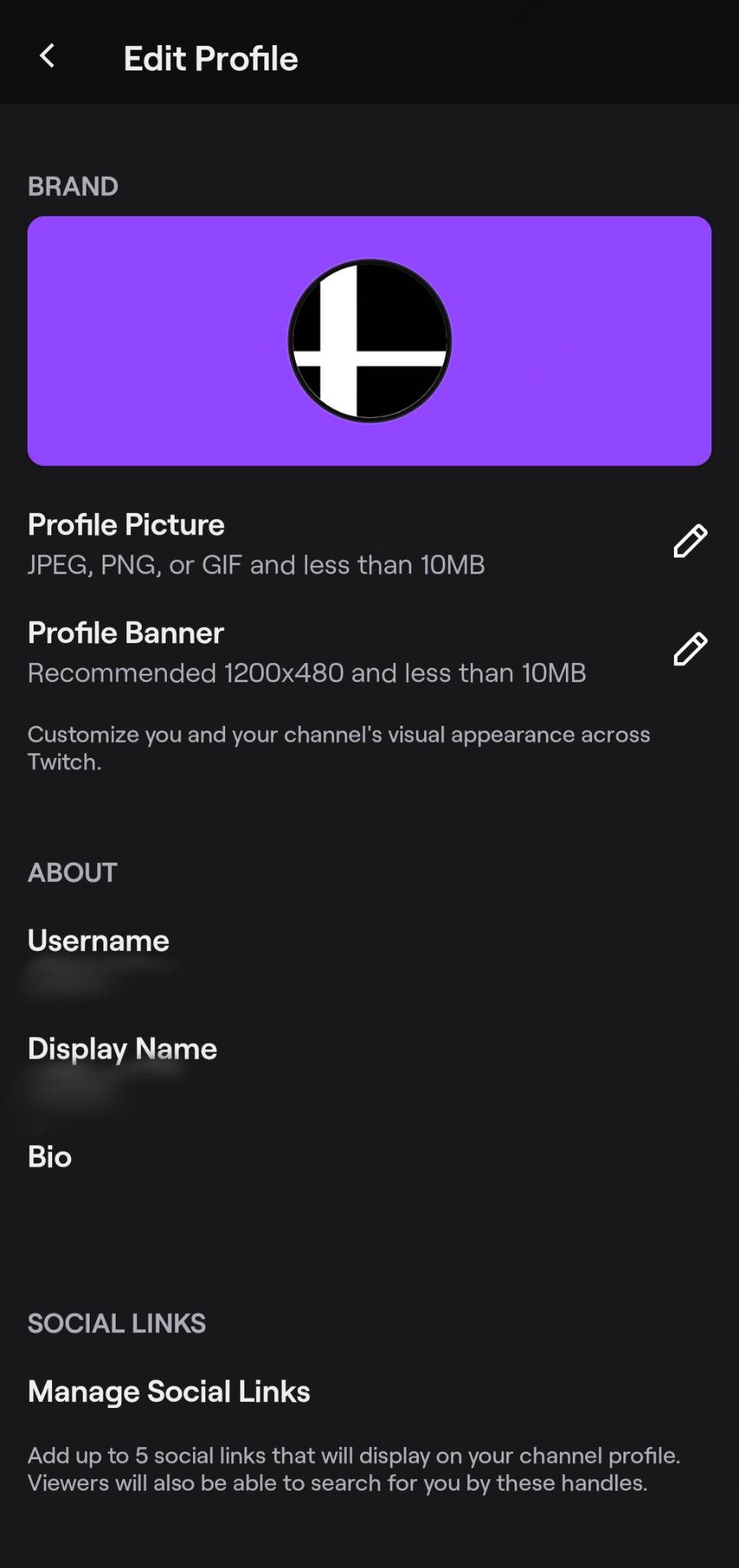 Cuplikan layar memperlihatkan halaman Edit Profil dalam pengaturan untuk Twitch Mobile.