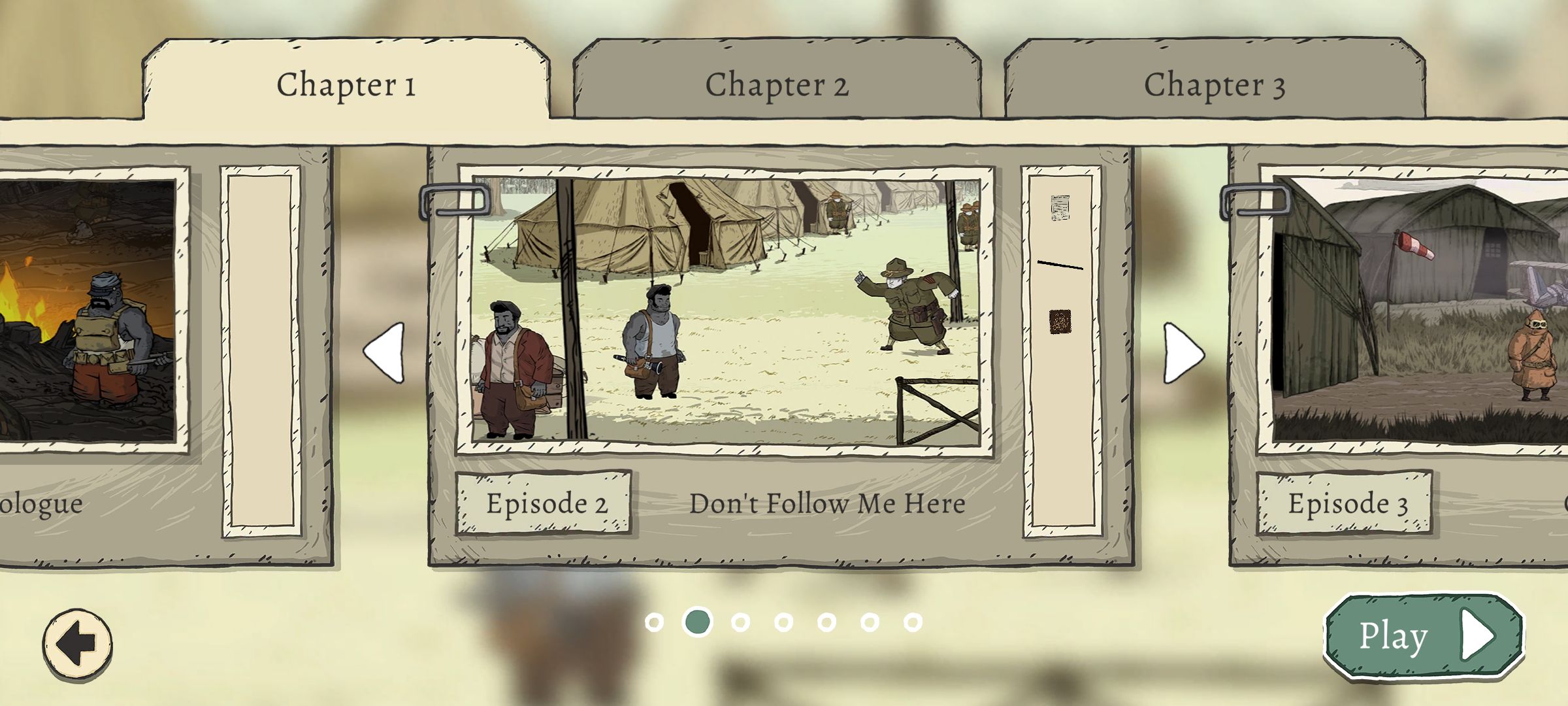 Layar pemilihan bab dan episode Valiant Hearts: Coming Home