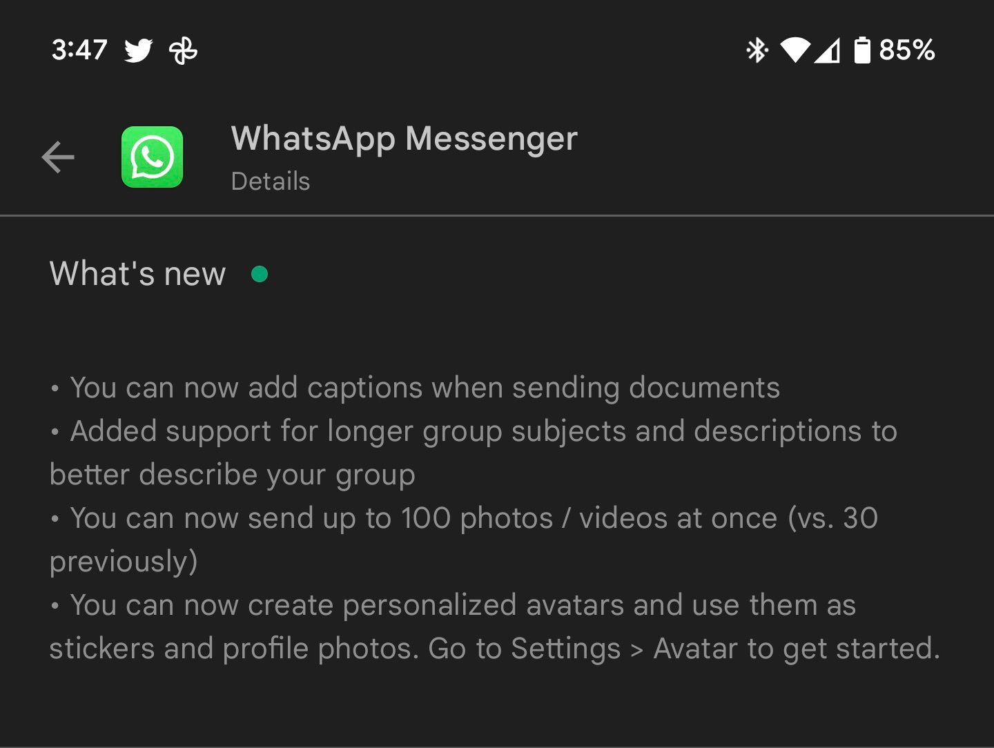 WhatsApp untuk log perubahan Play Store Android