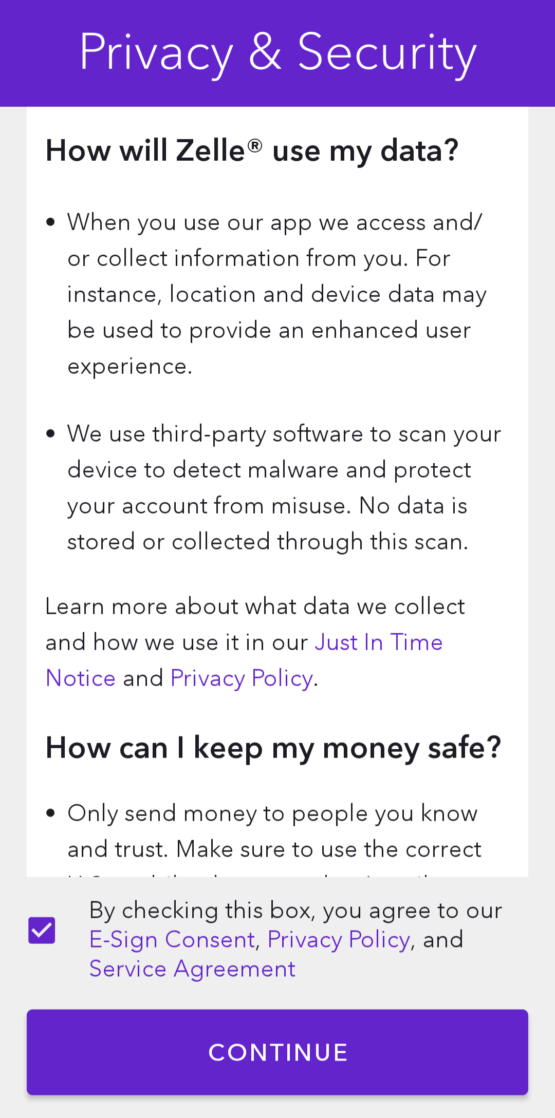 Halaman Privasi & Keamanan di aplikasi Zelle