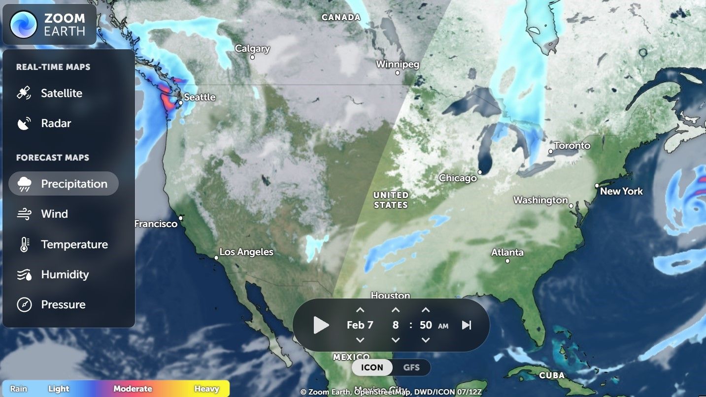 This is a look at the Precipitation map layer in the US for Zoom Earth
