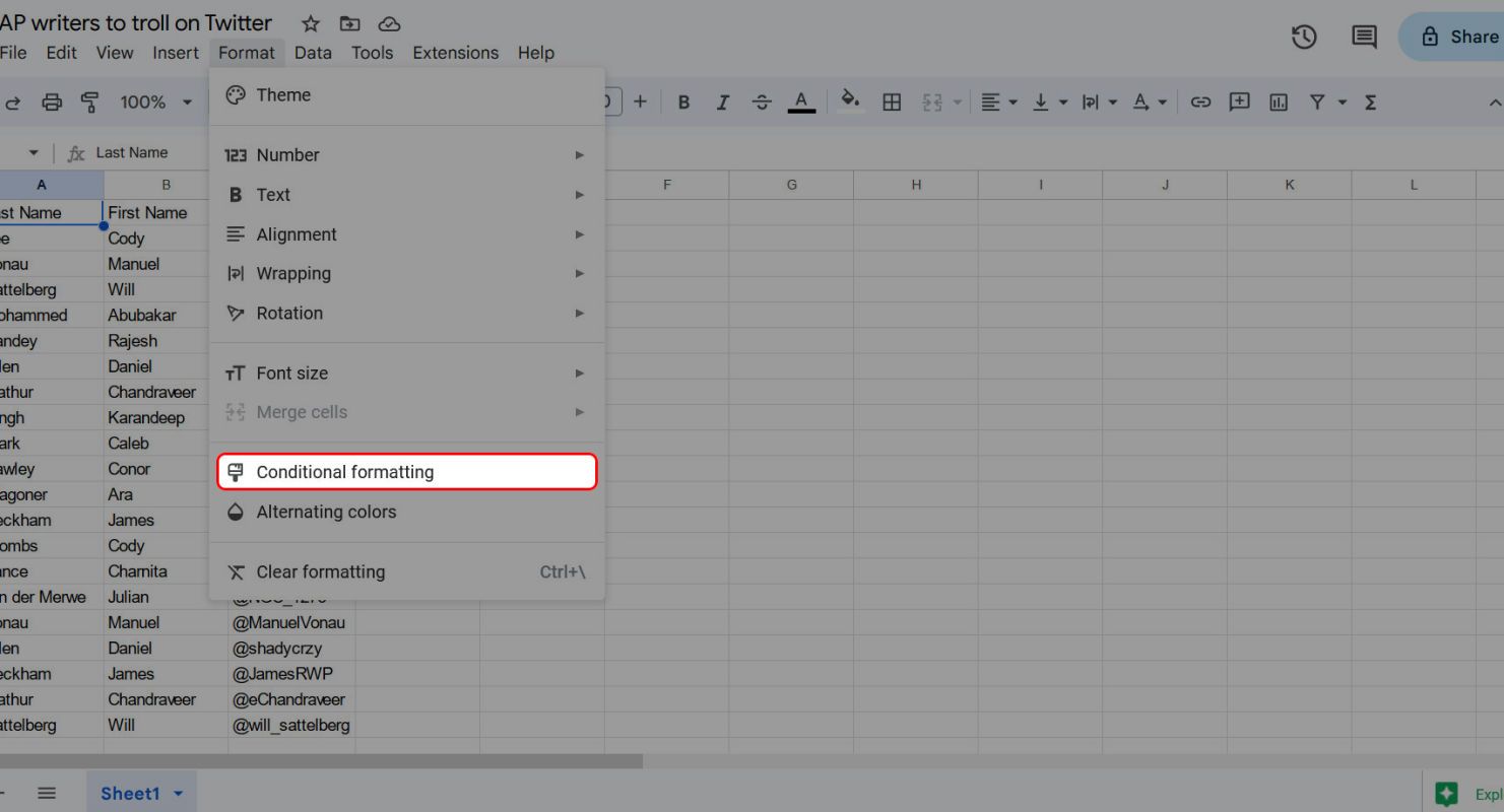 Google Sheets Format menu highlighting the Conditional formatting option