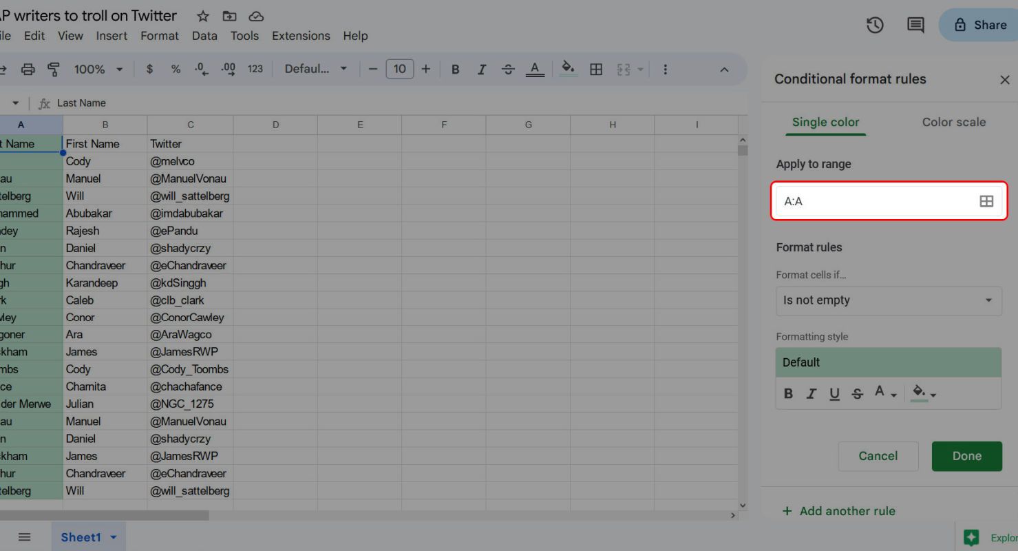 Google Sheets Conditional format rules menu highlighting the Apply to range option