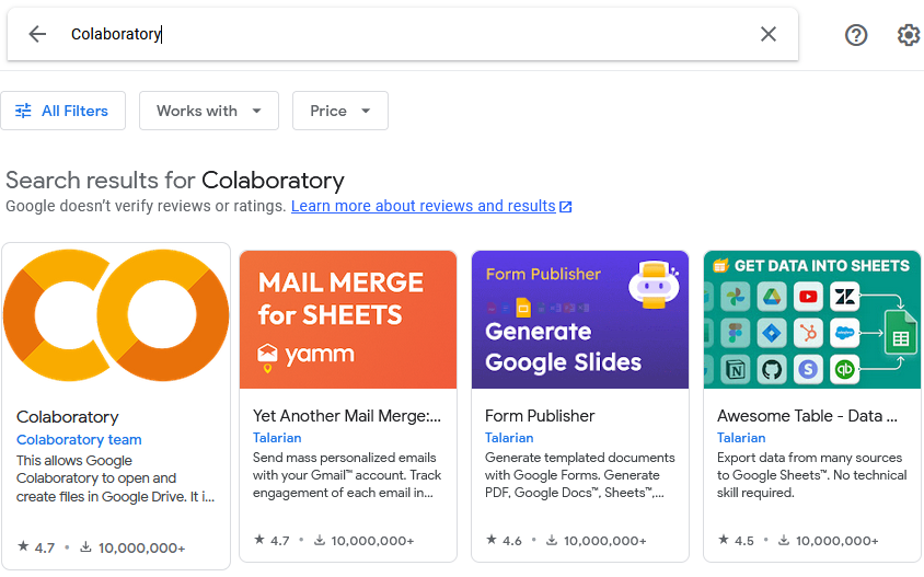 Search for Google Colaboratory in the Workspace Marketplace