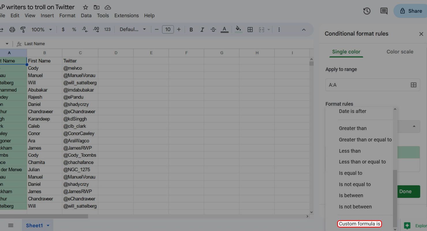 Google Sheets Conditional formatting menu highlighting the Conditional formula is option of the Formula rules