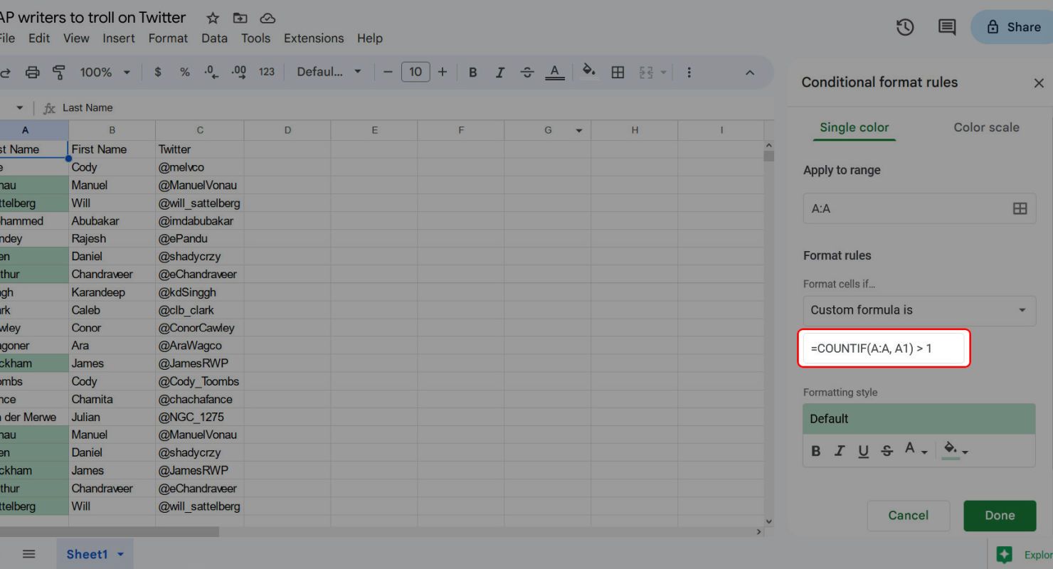 Google Sheets Conditional format menu highlighting the custom formula input box