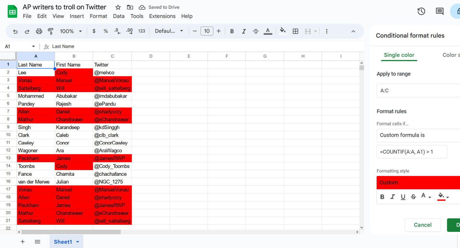 Google Sheets with duplicate entries highlighted in red