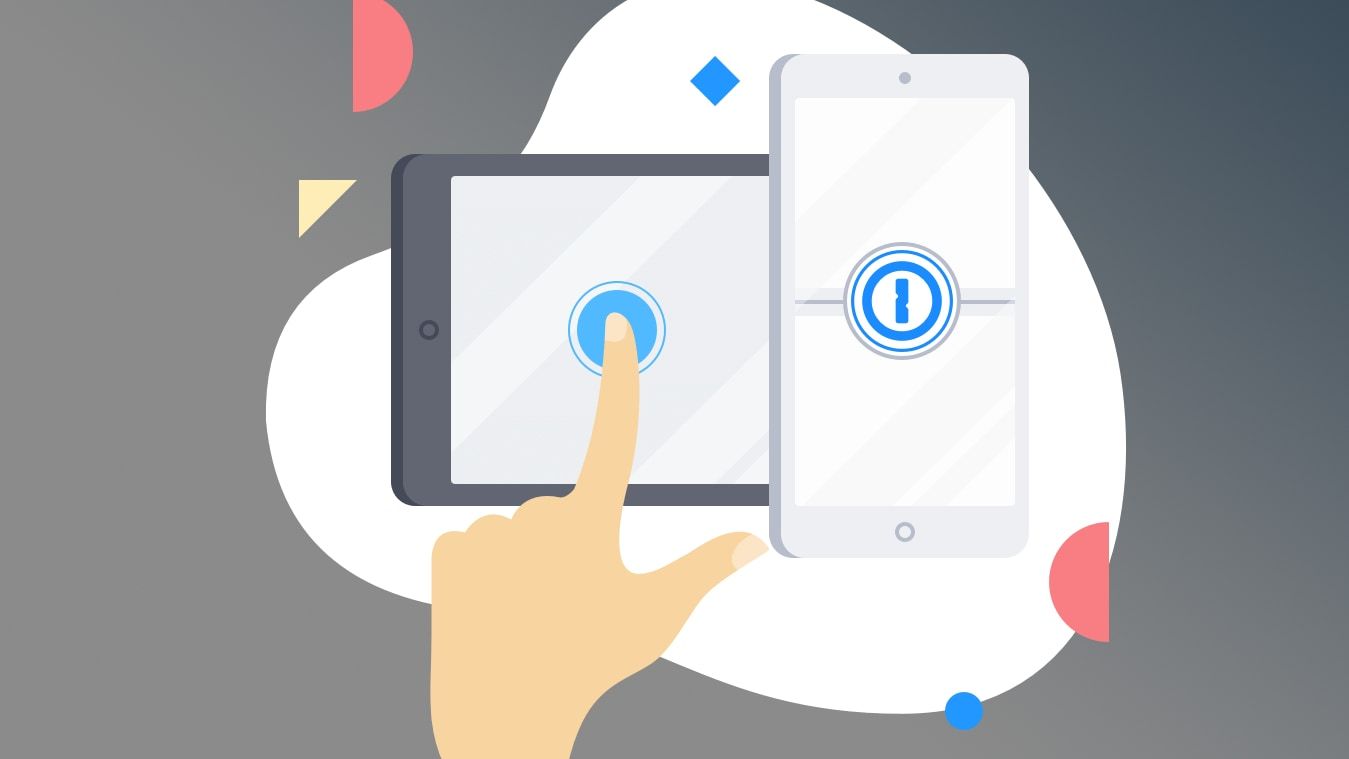 1Password illustration showing two phones and a finger using password manager software