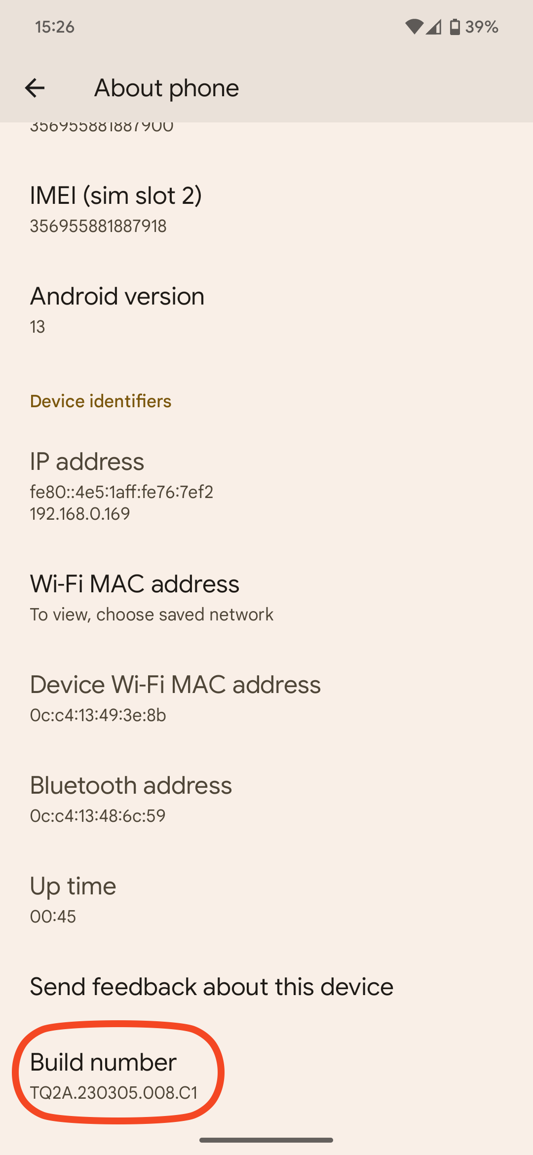 Screenshot of Android 13's about phone system settings section highlighting the build number