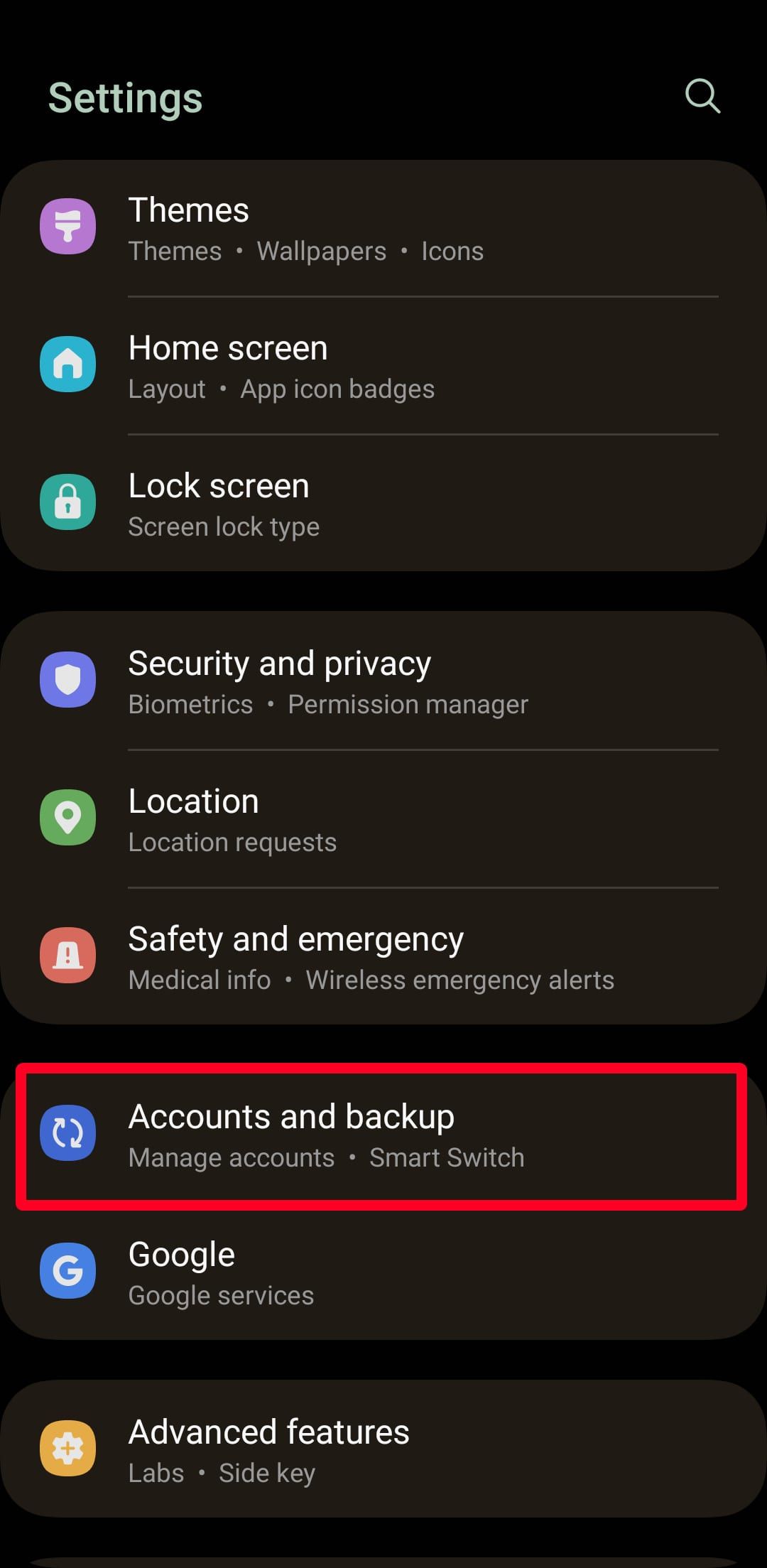 The Settings menu on a Samsung phone with the 
