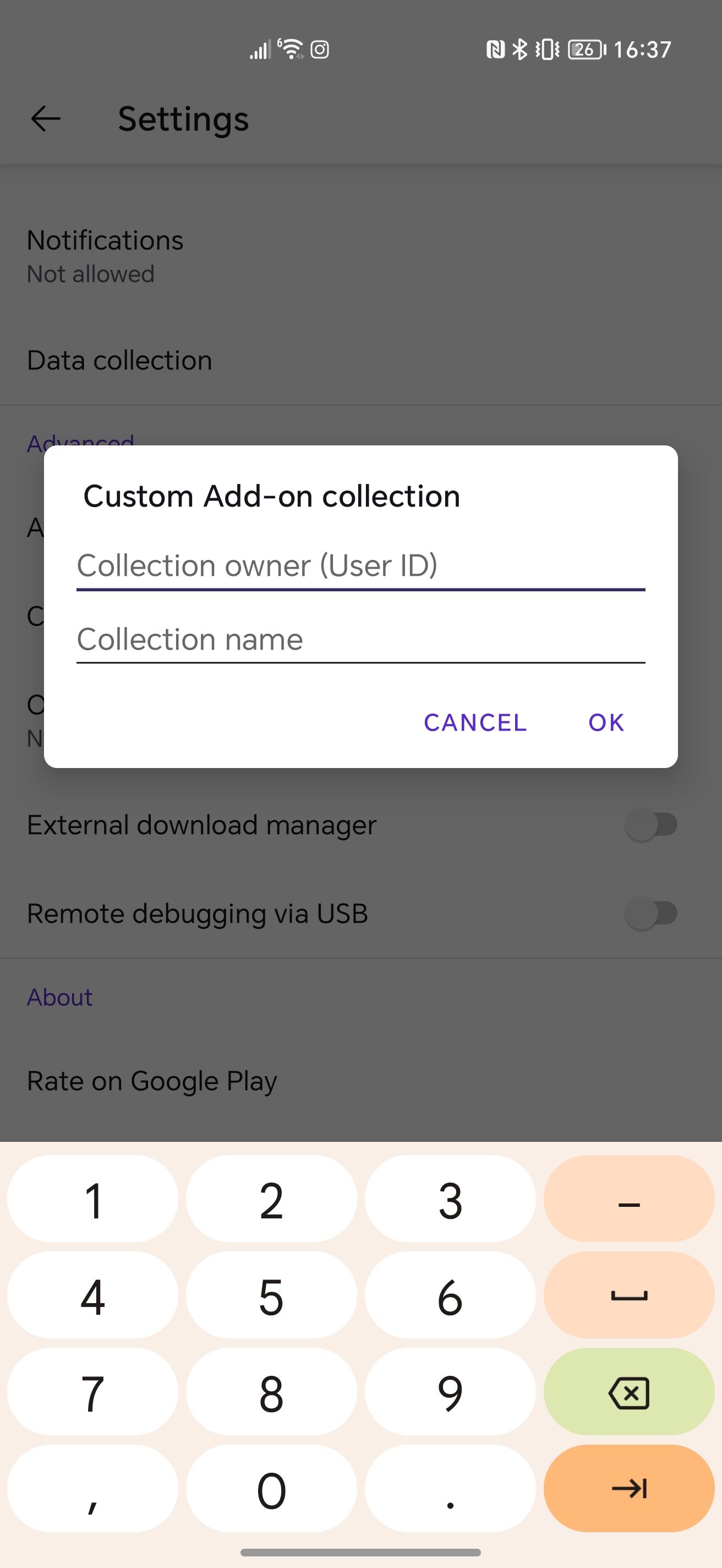 Screenshot of Custom Add-on collection dialog opened