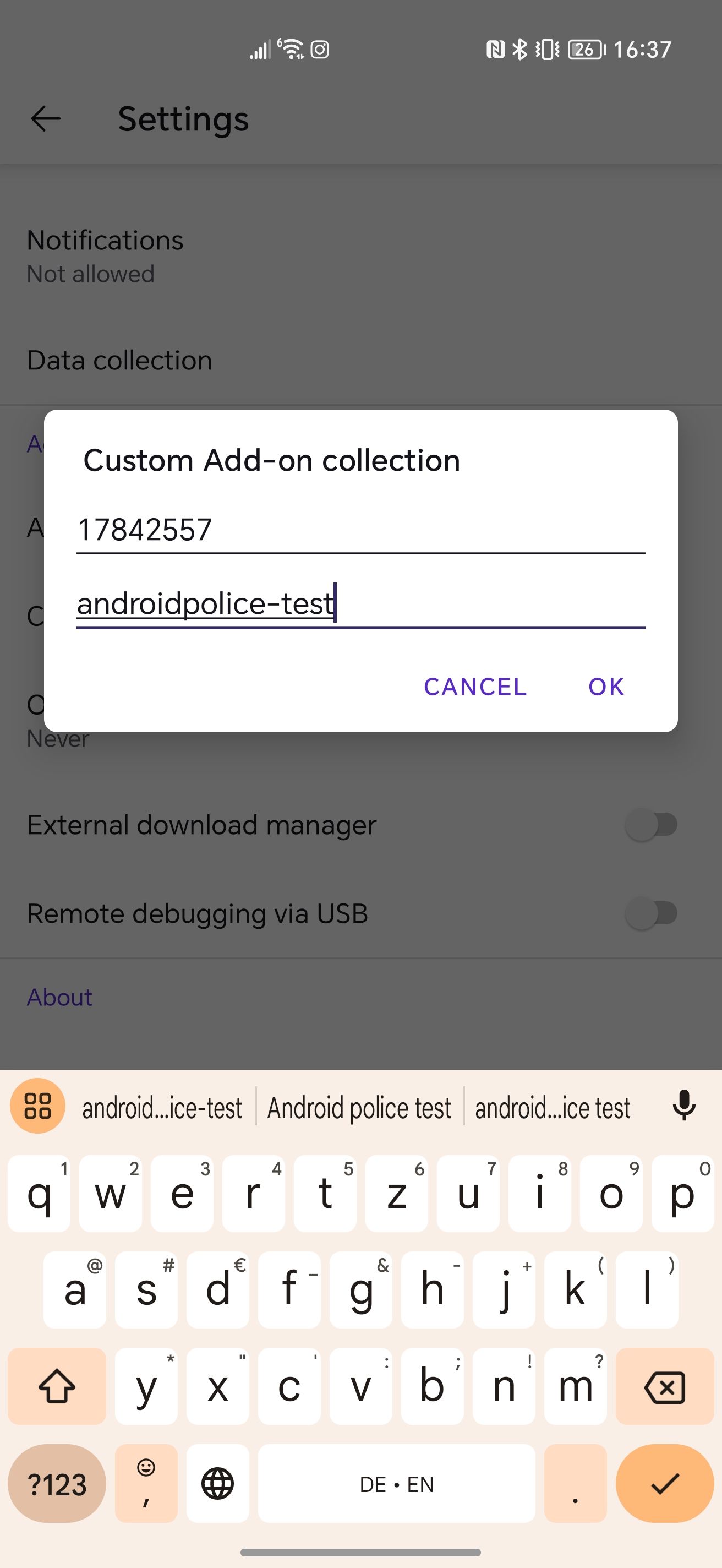 Screenshot of Custom Add-on collection dialog opened and filled out