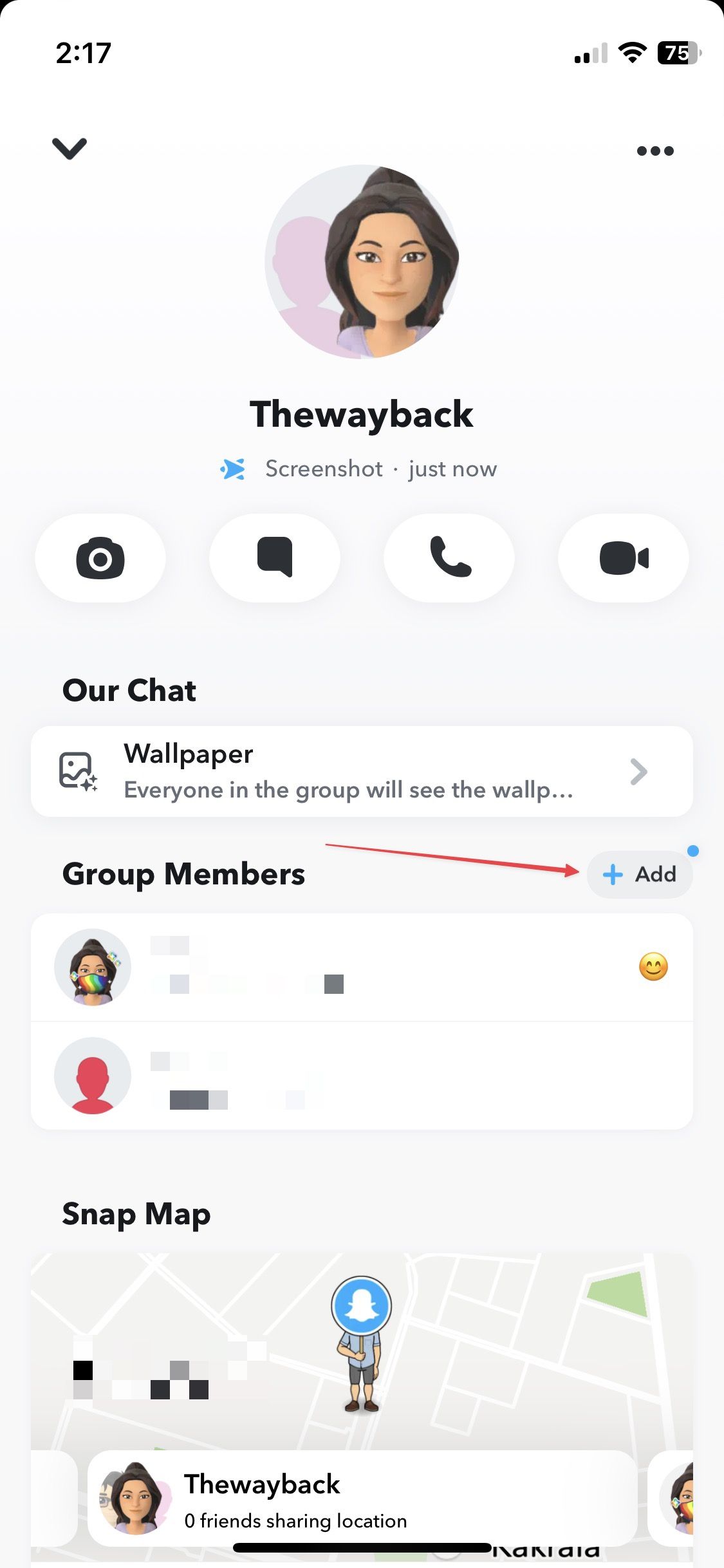 Mostrando o botão Adicionar no bate-papo em grupo no Snapchat