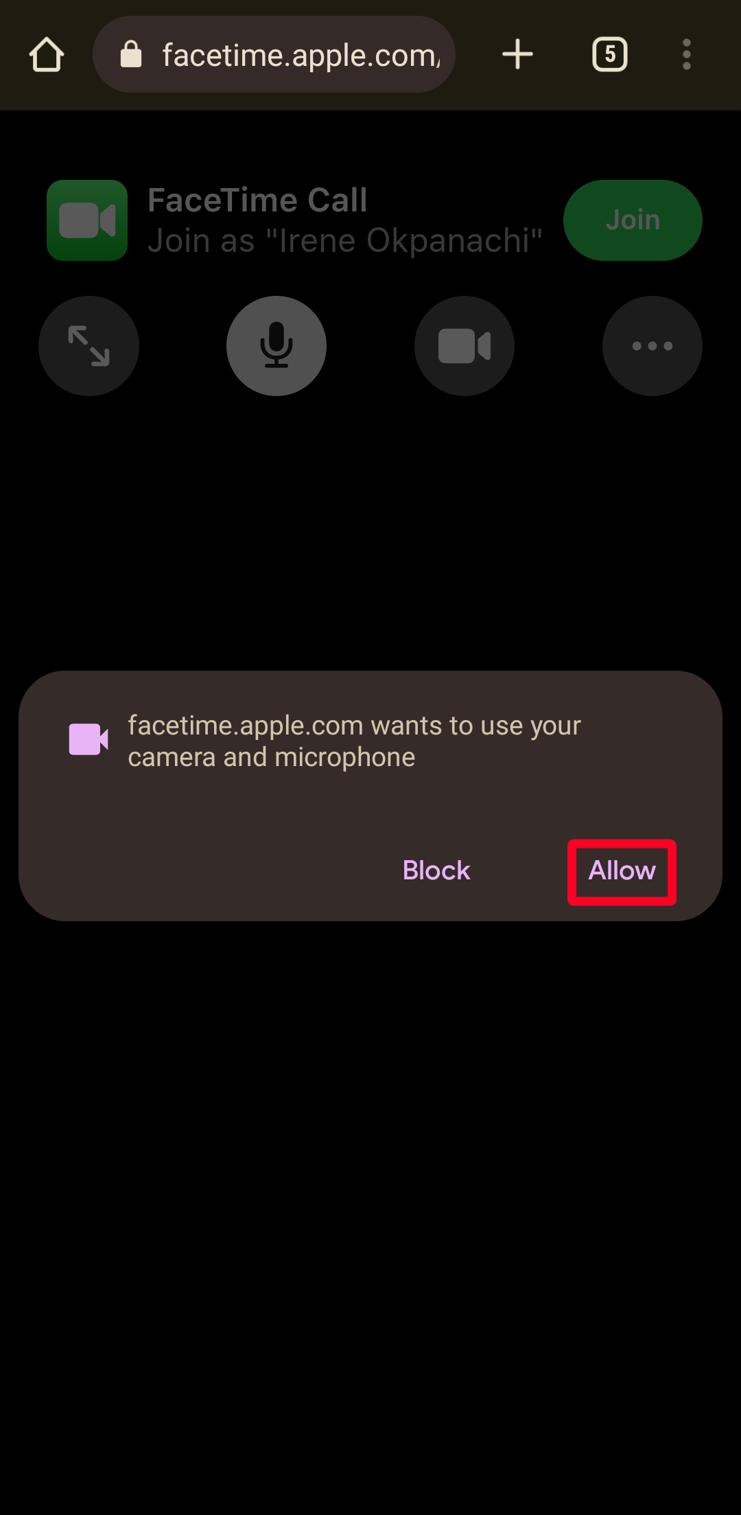 red rectangle outline over Allow option for FaceTime use your camera and microphone permissions on Android