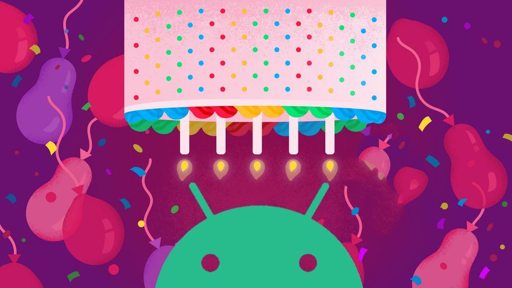 An illustration with a pink upside down cake and the green Android mascot against a red and purple background.