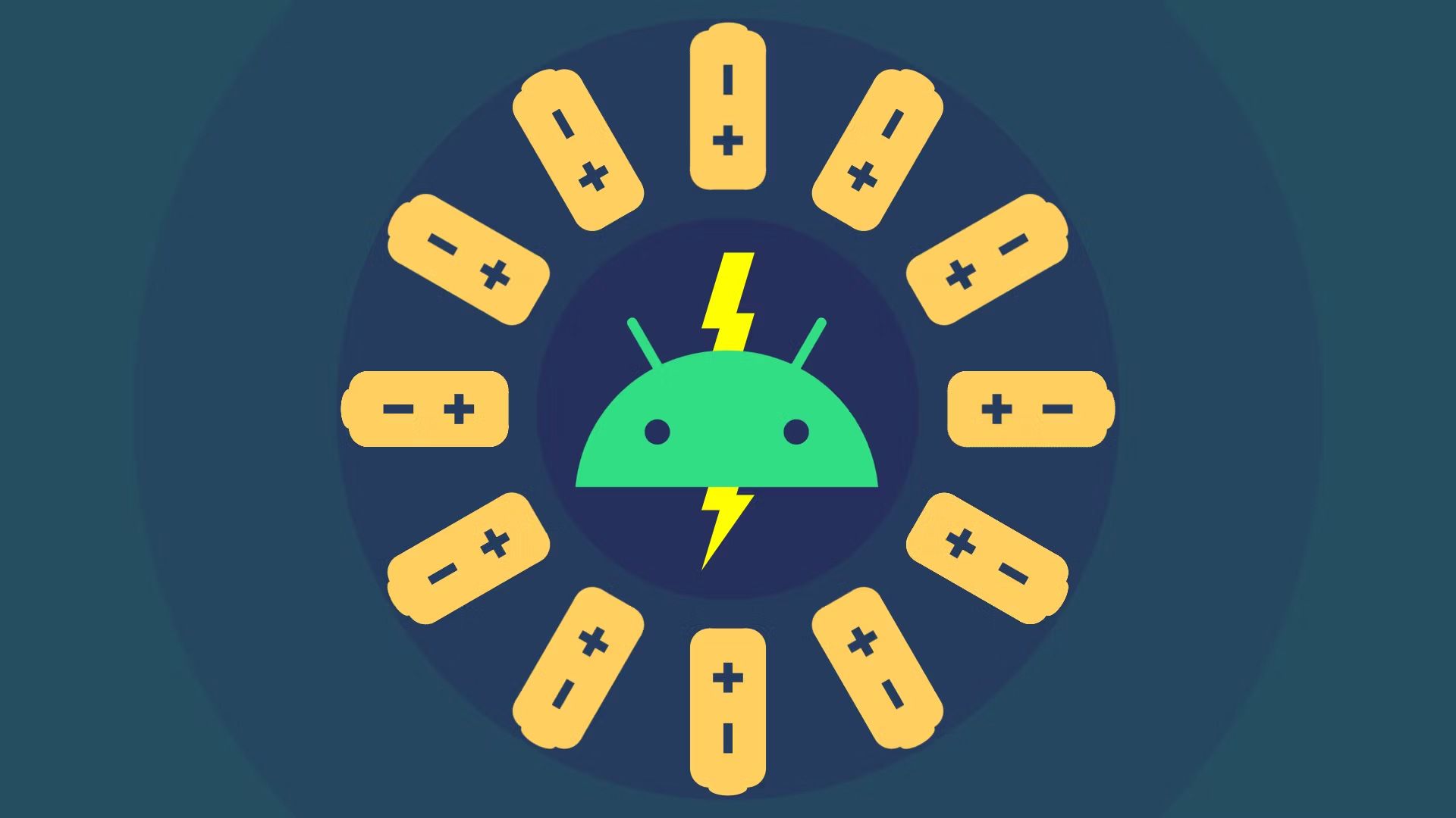 The Android logo surrounded by images of batteries