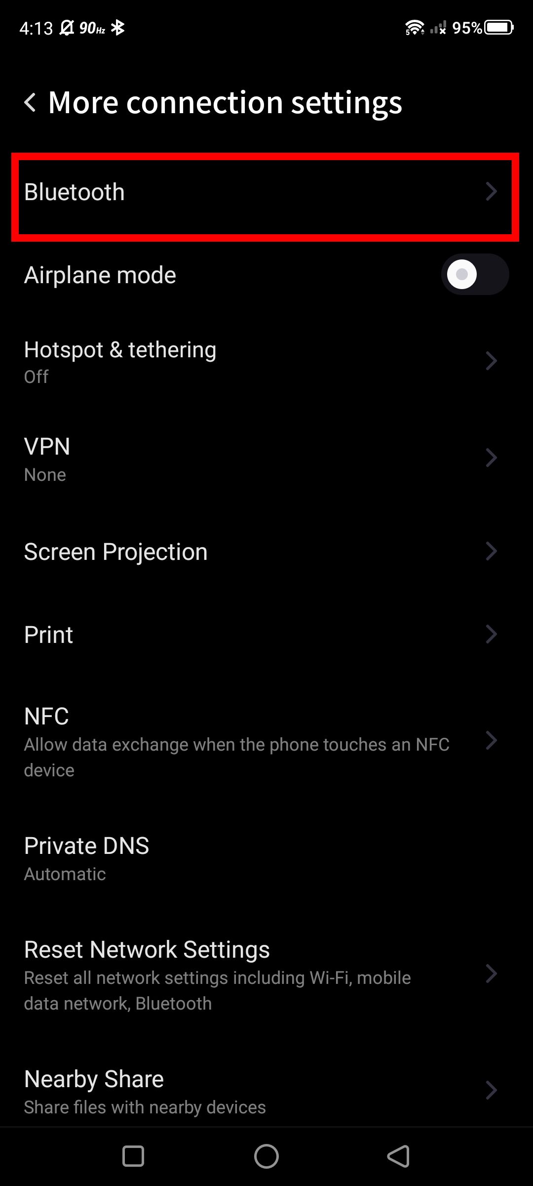 Снимок экрана: доступ к настройкам Bluetooth