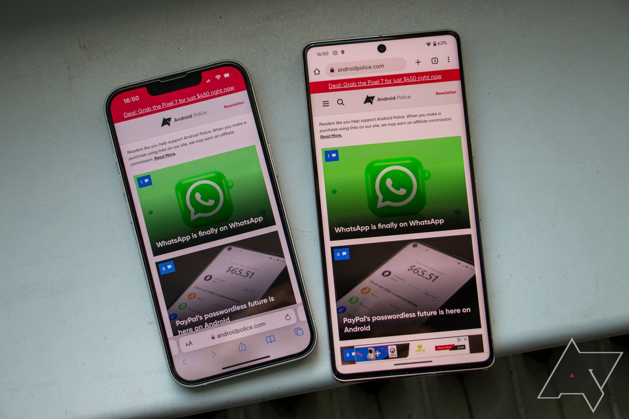 Apple iPhone with Safari opened next to Google Pixel 7 Pro with Chrome opened
