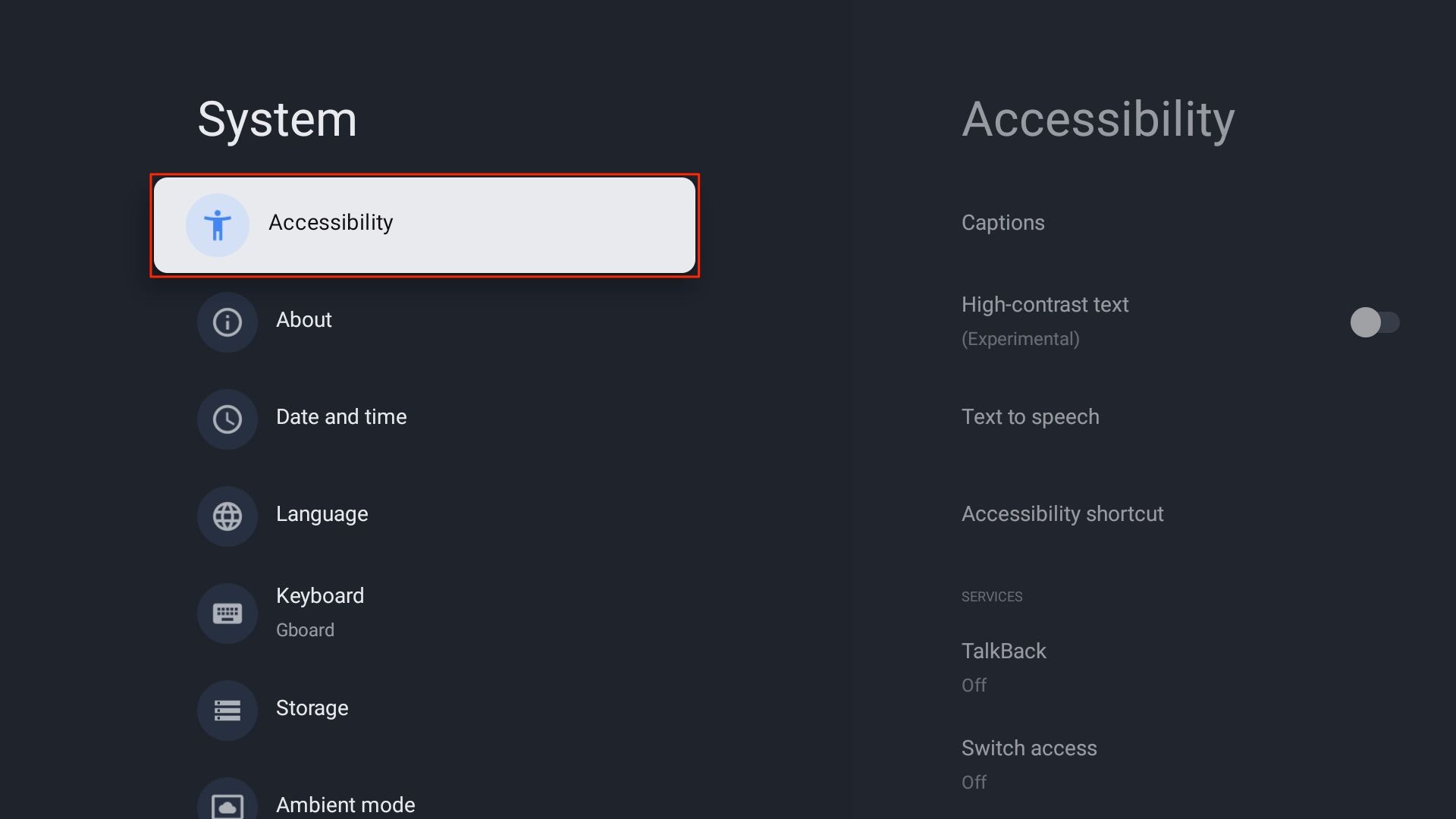 Accessibility settings for Google TV