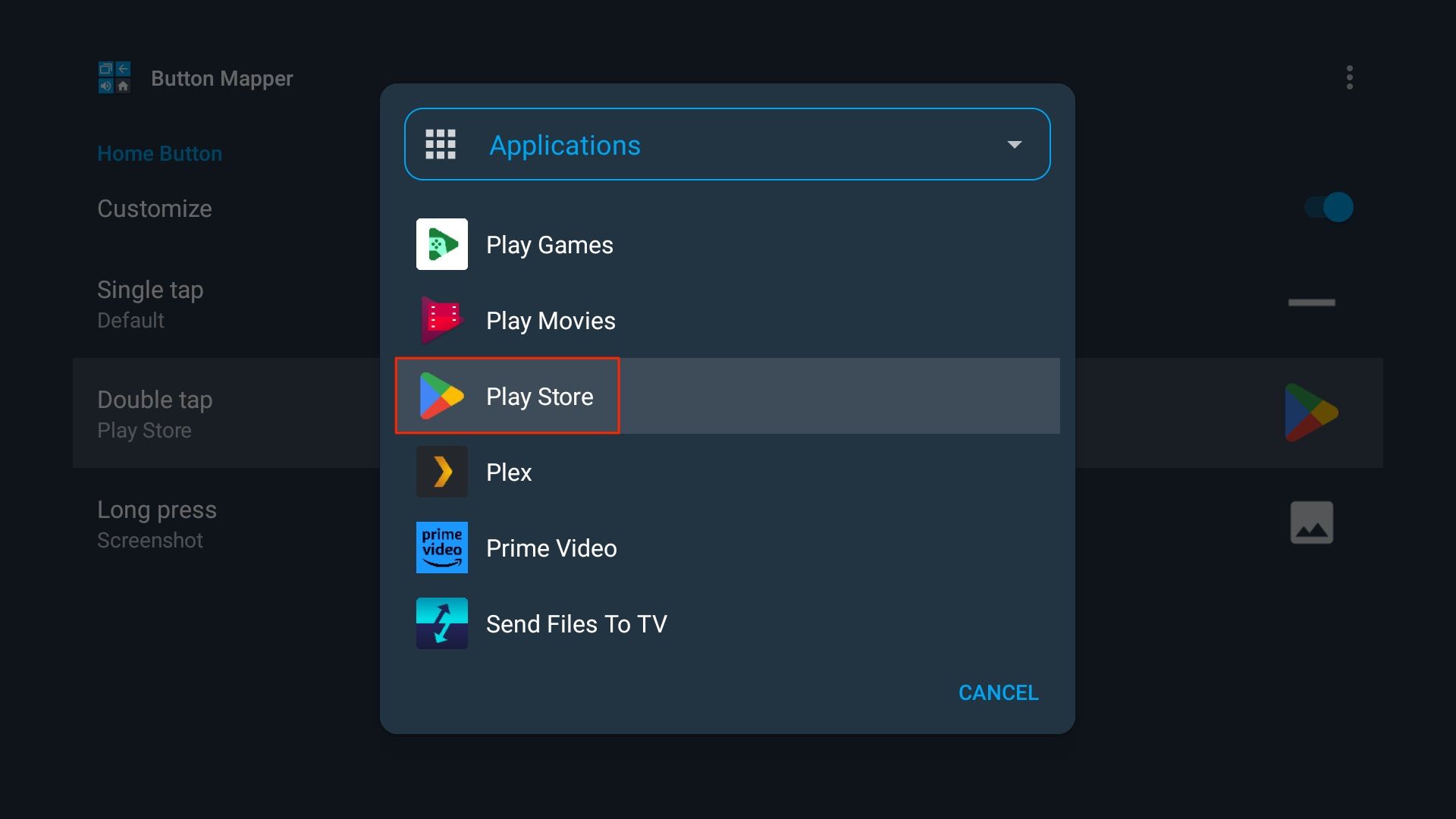 Button Mapper on Google TV opens Play Store with Home button