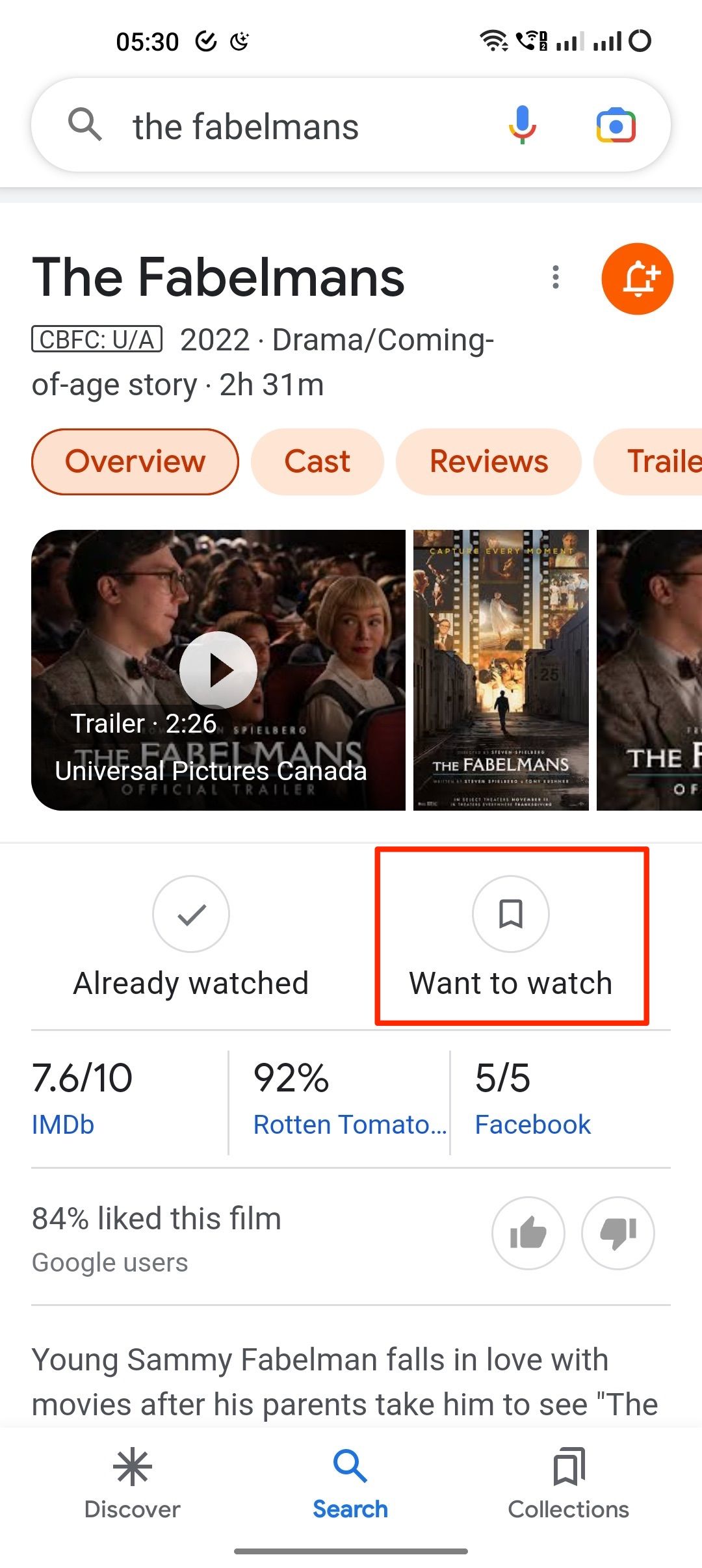 Add movie to your Google Watchlist via Google Search