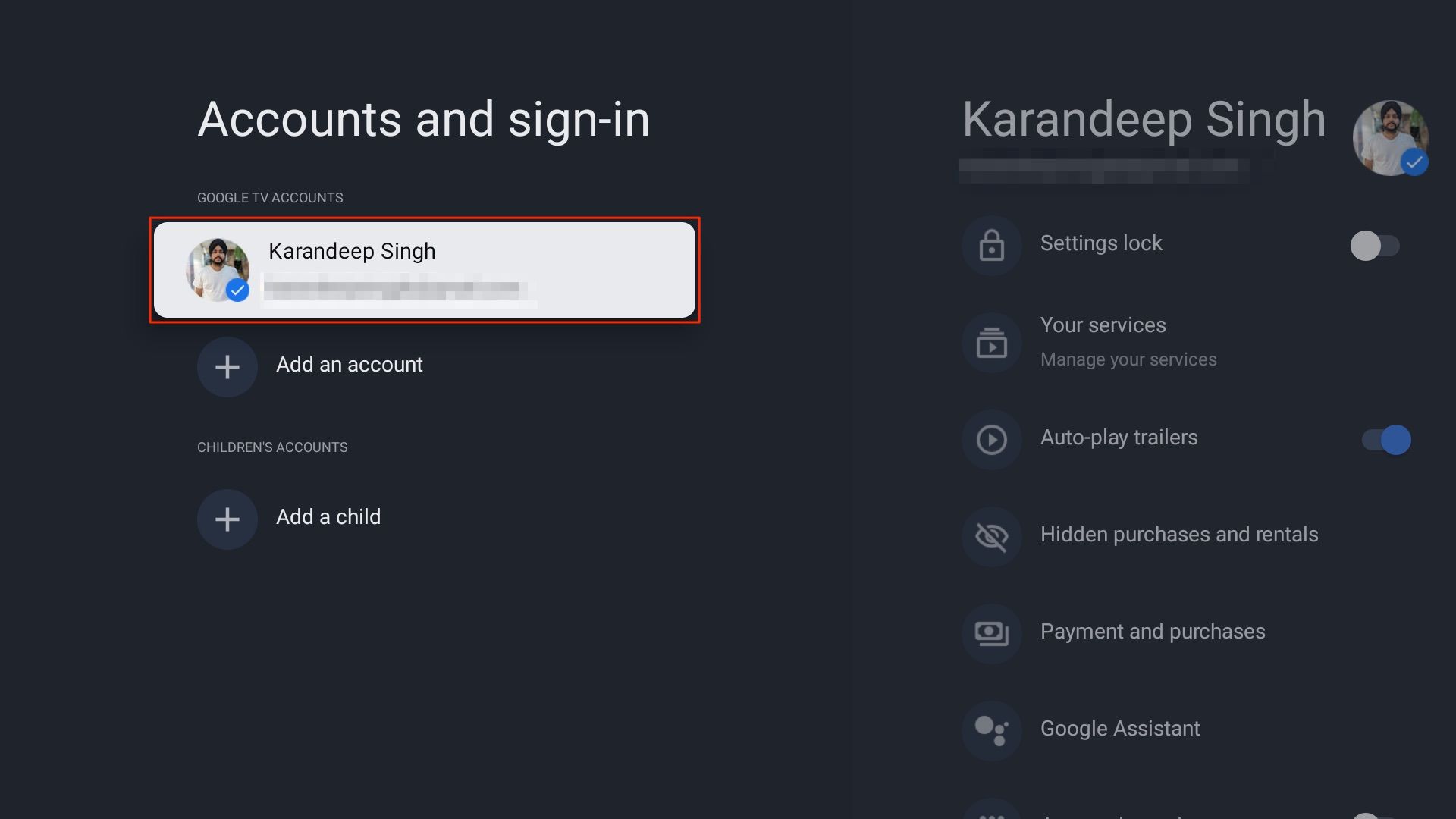 Profile picker for Google TV account pages