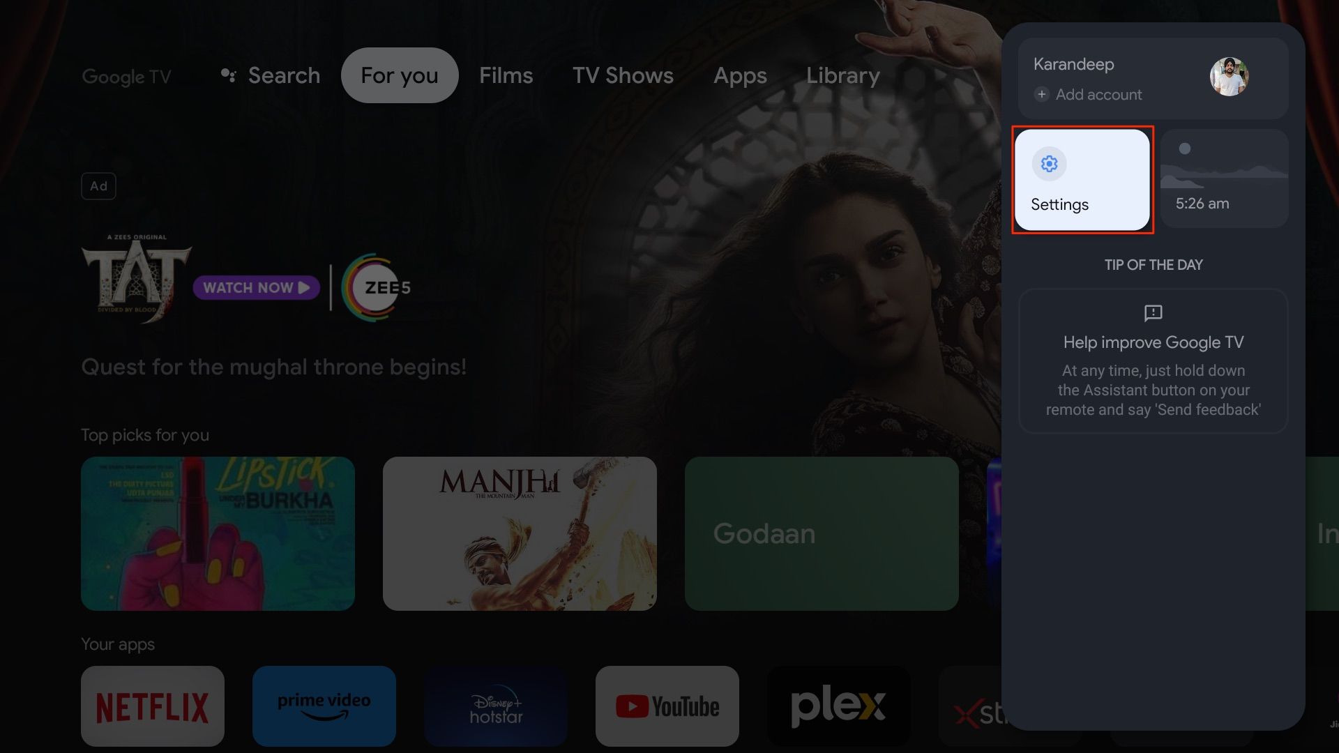 Google TV settings option