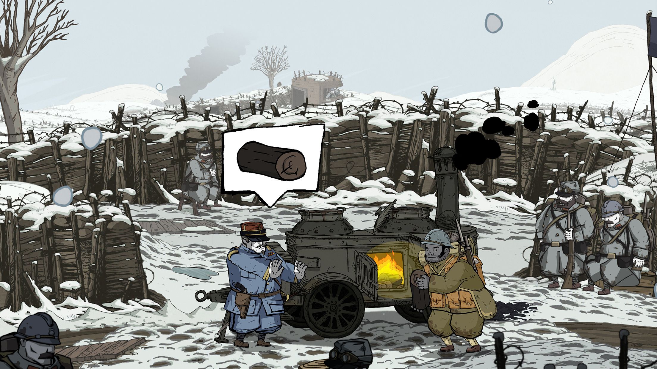 screenshot of two characters in snowy trenches from Valiant Hearts: Coming Home game