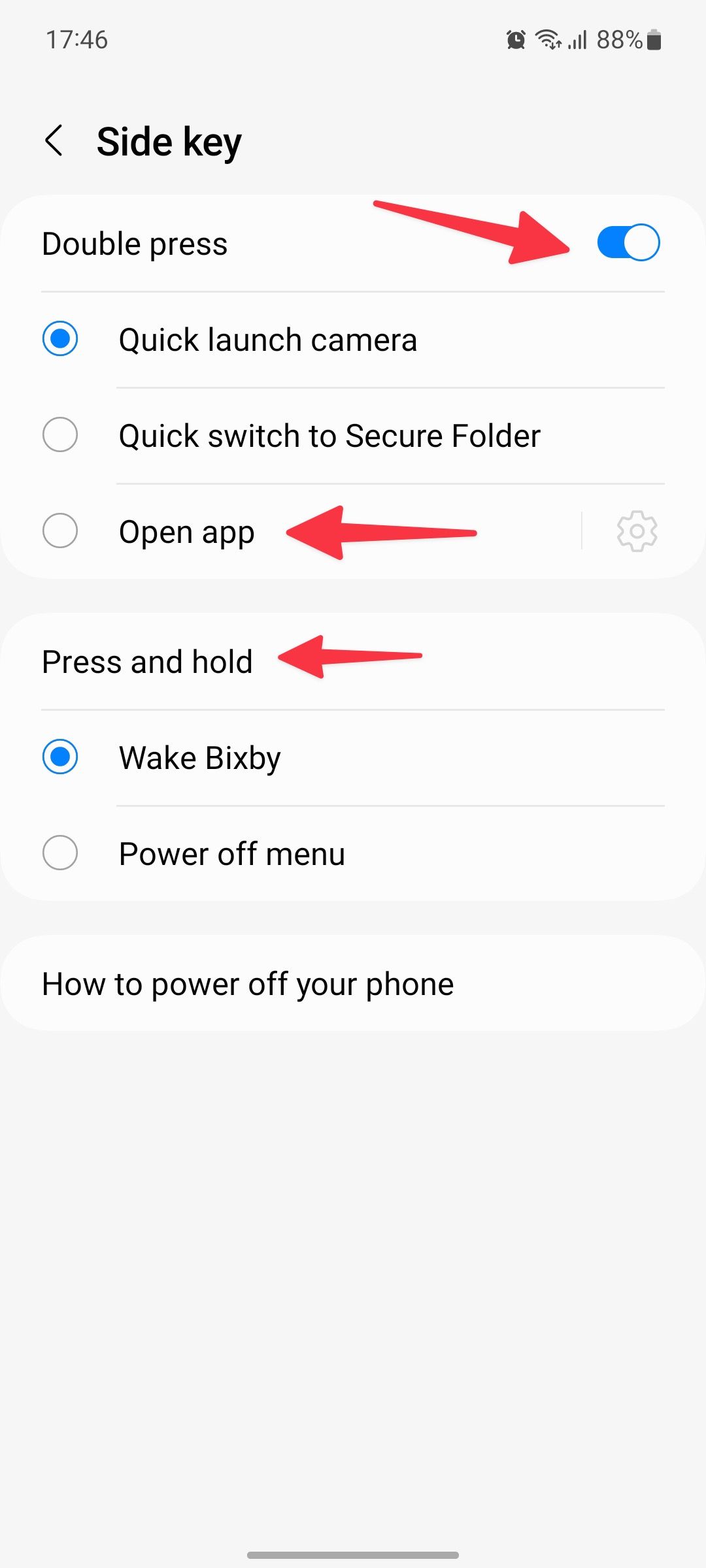 Navigate the side key settings in the Settings app on a Samsung phone to change its functions.