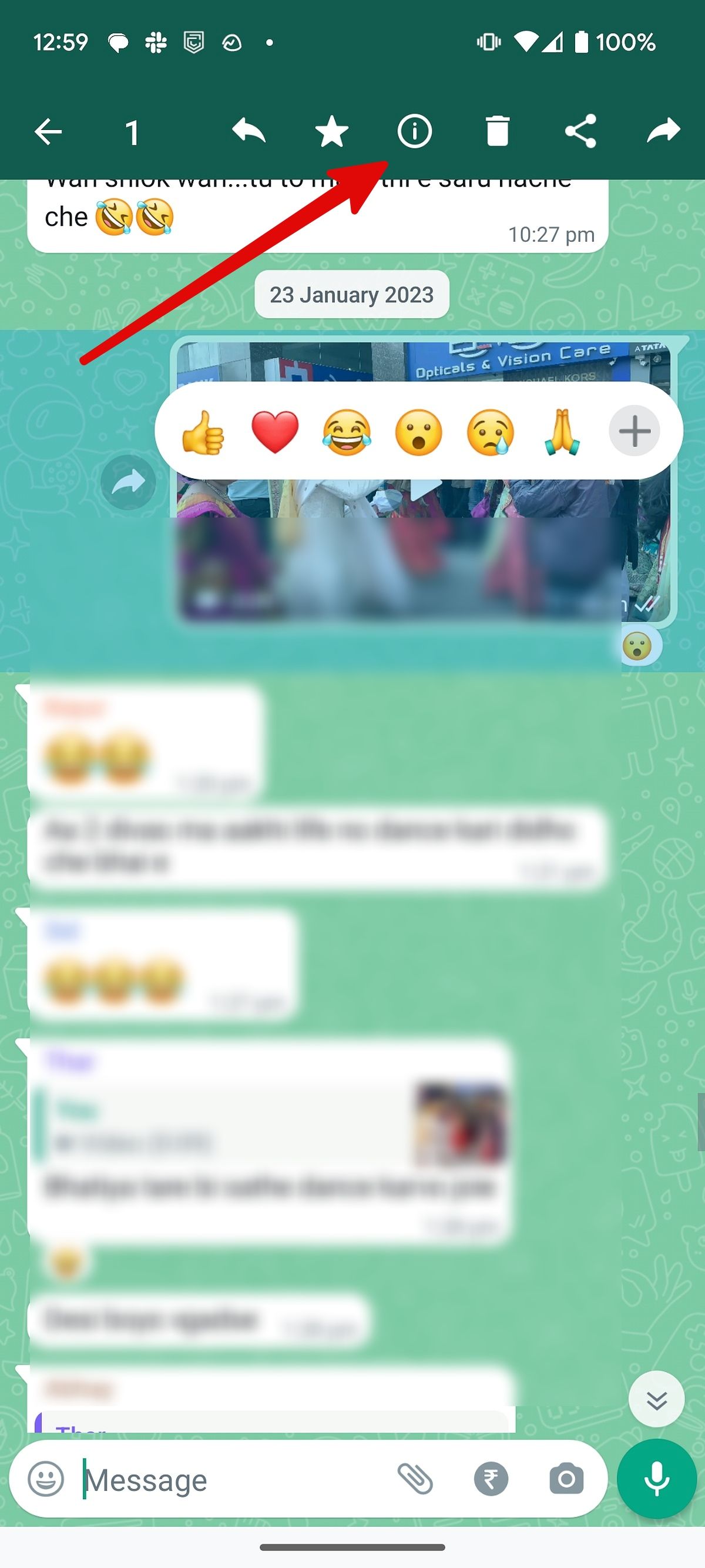 Screenshot showing message info in WhatsApp group