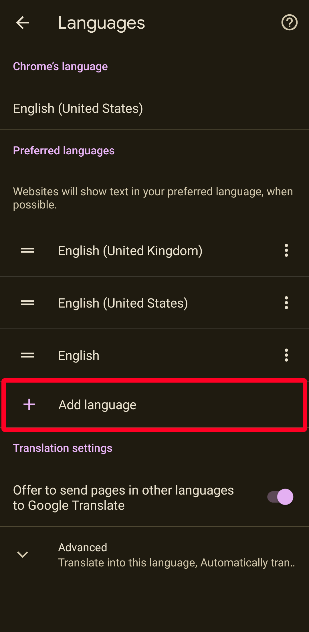 Chrome Languages settings menu on Android.