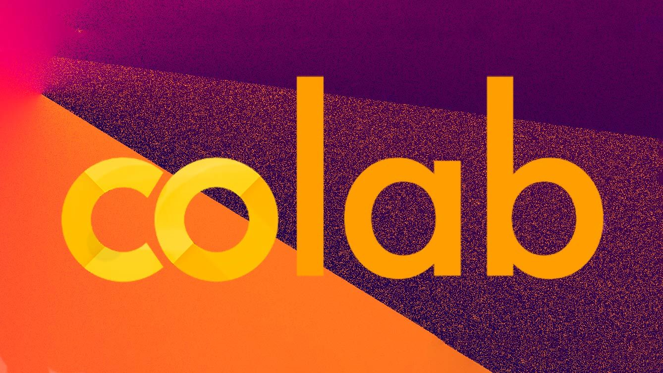 The Google Colab logo against an orange, purple, and red background.