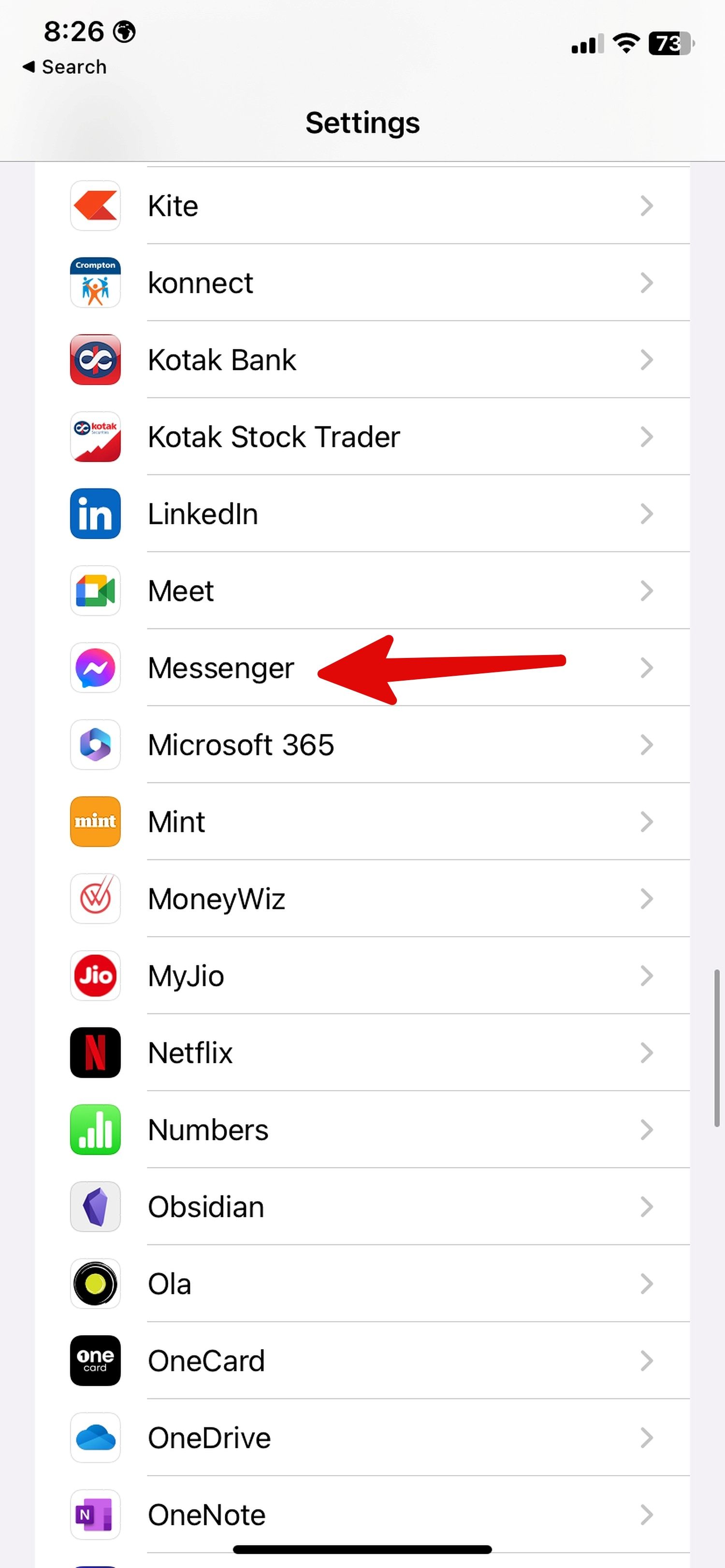 abra o Messenger nas configurações do iPhone