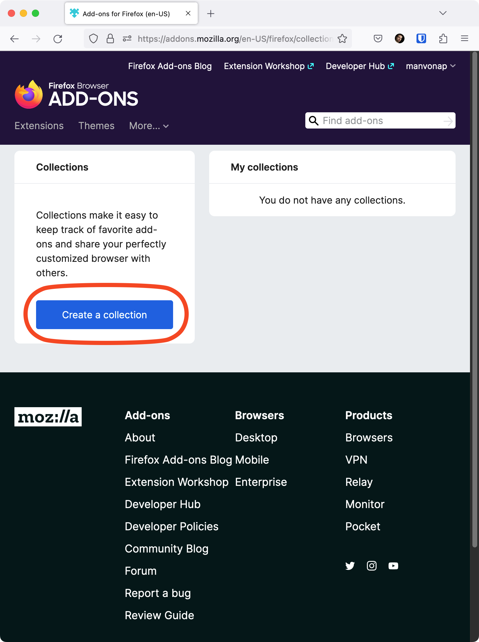 Captura de tela do site Coleções de complementos do Firefox com o botão Criar uma coleção realçado