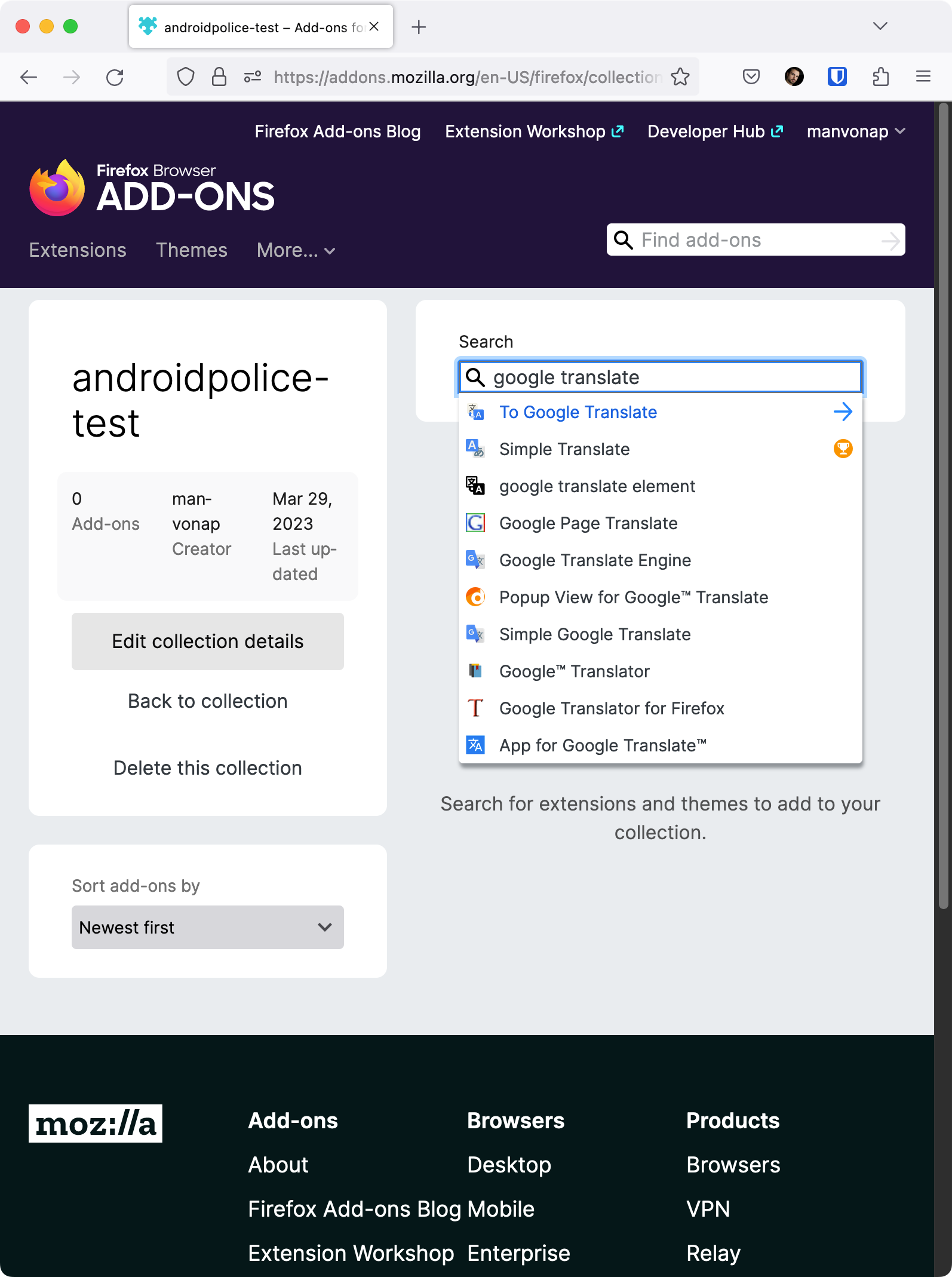 Screenshot of add-on search within a Firefox Add-on collection