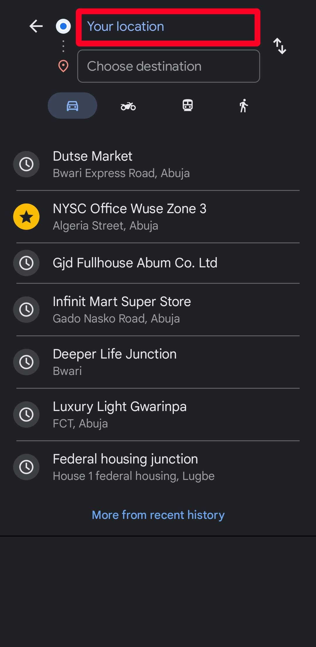 Destinations menu in Google Maps mobile app