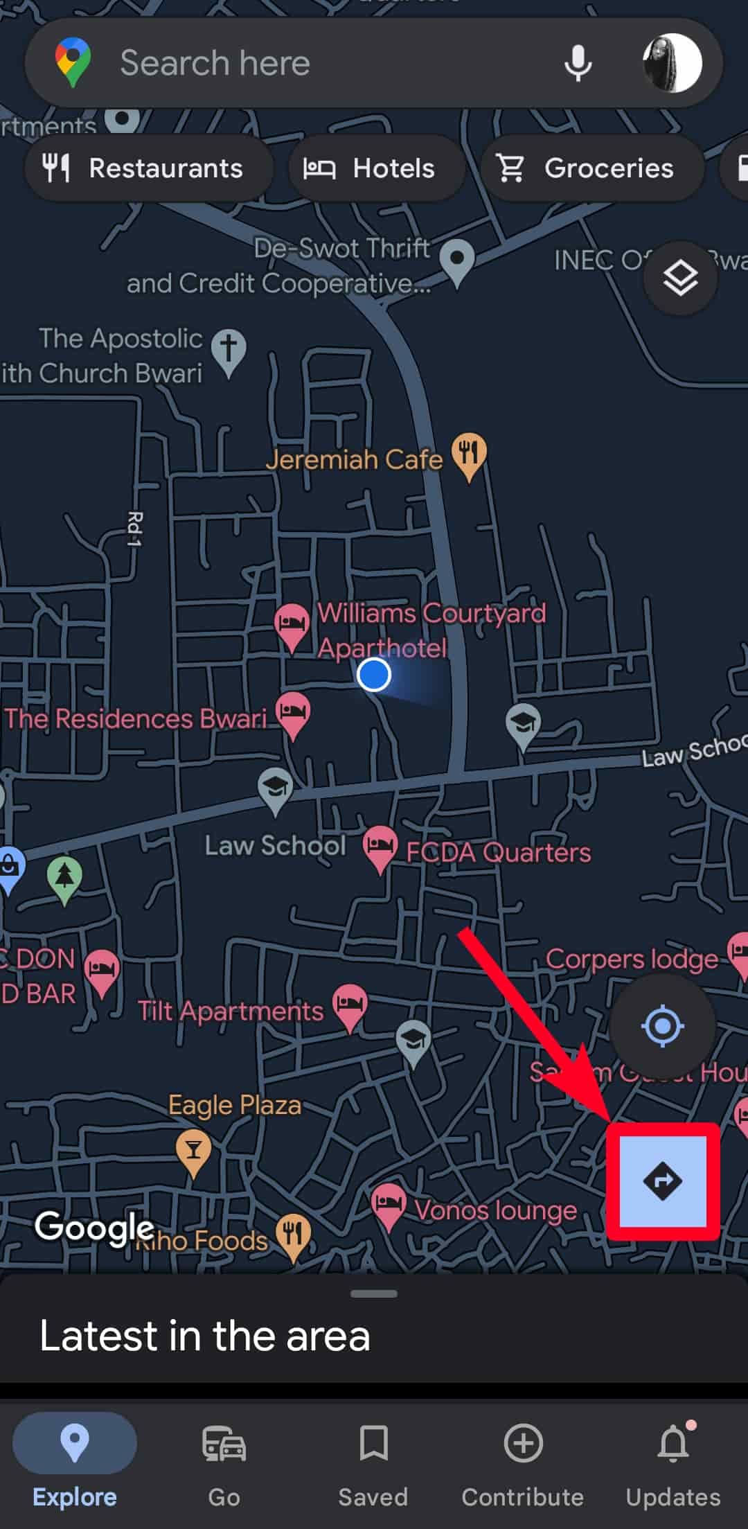Ícone de rotas no aplicativo móvel do Google Maps