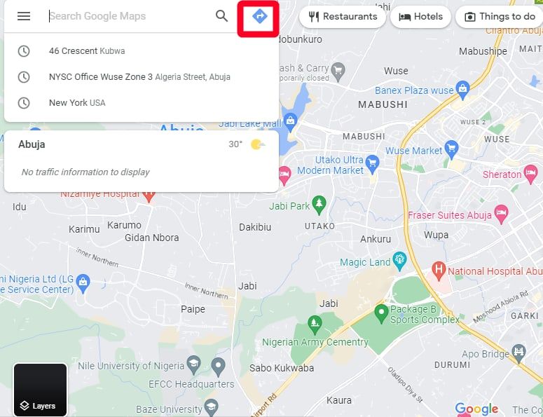 Ícone de rotas no site do Google Maps