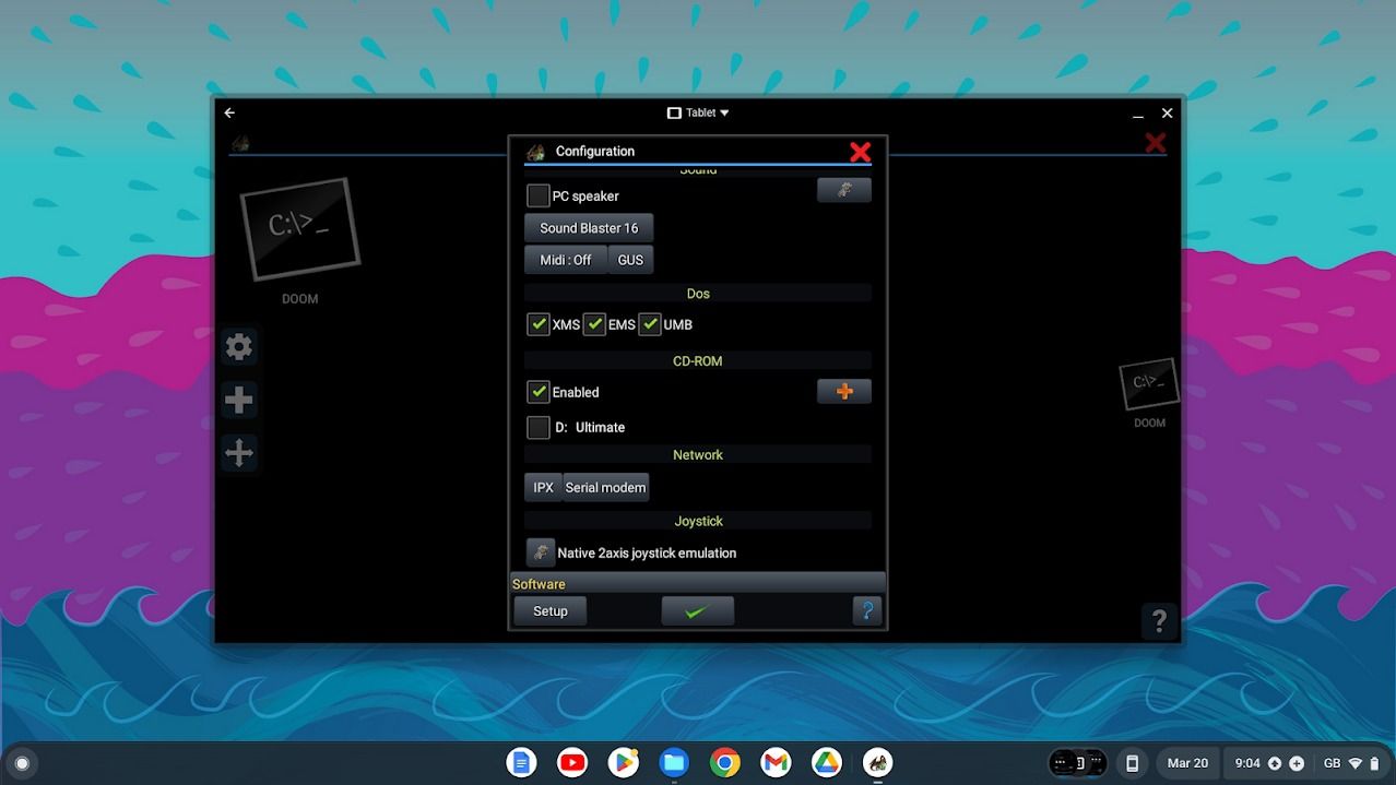 emulator settings window popup in chromebook with blue pink and dark blue background