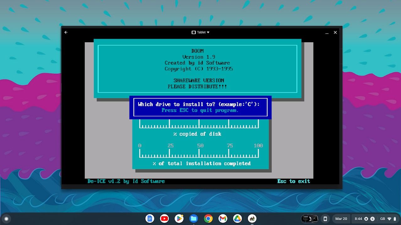 dos emulator with teal windows over blue pink and dark blue background
