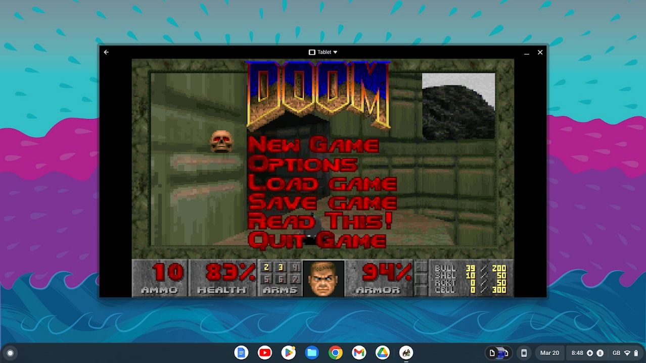doom game running in dos emulator window on chromebook with blue pink and dark blue background
