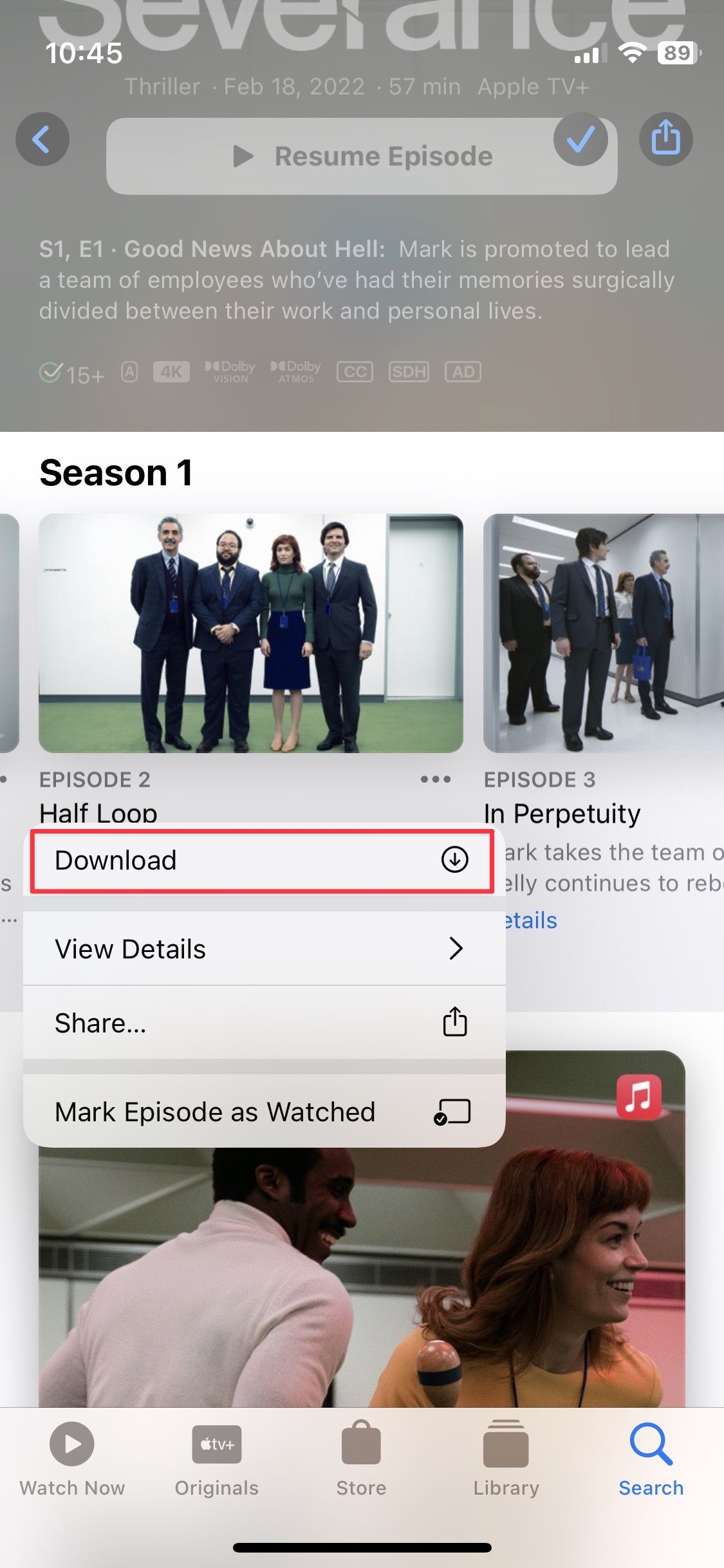 Choosing the download option in Apple TV+ iOS app